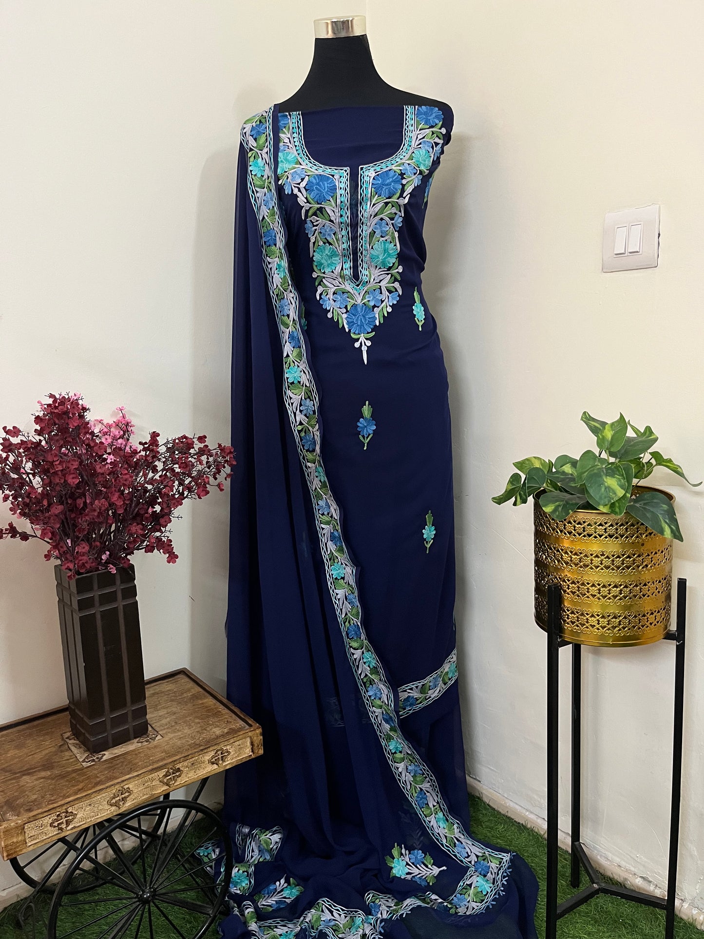 Blue Georgette 3 Pc Aari Embroidered Suit Set