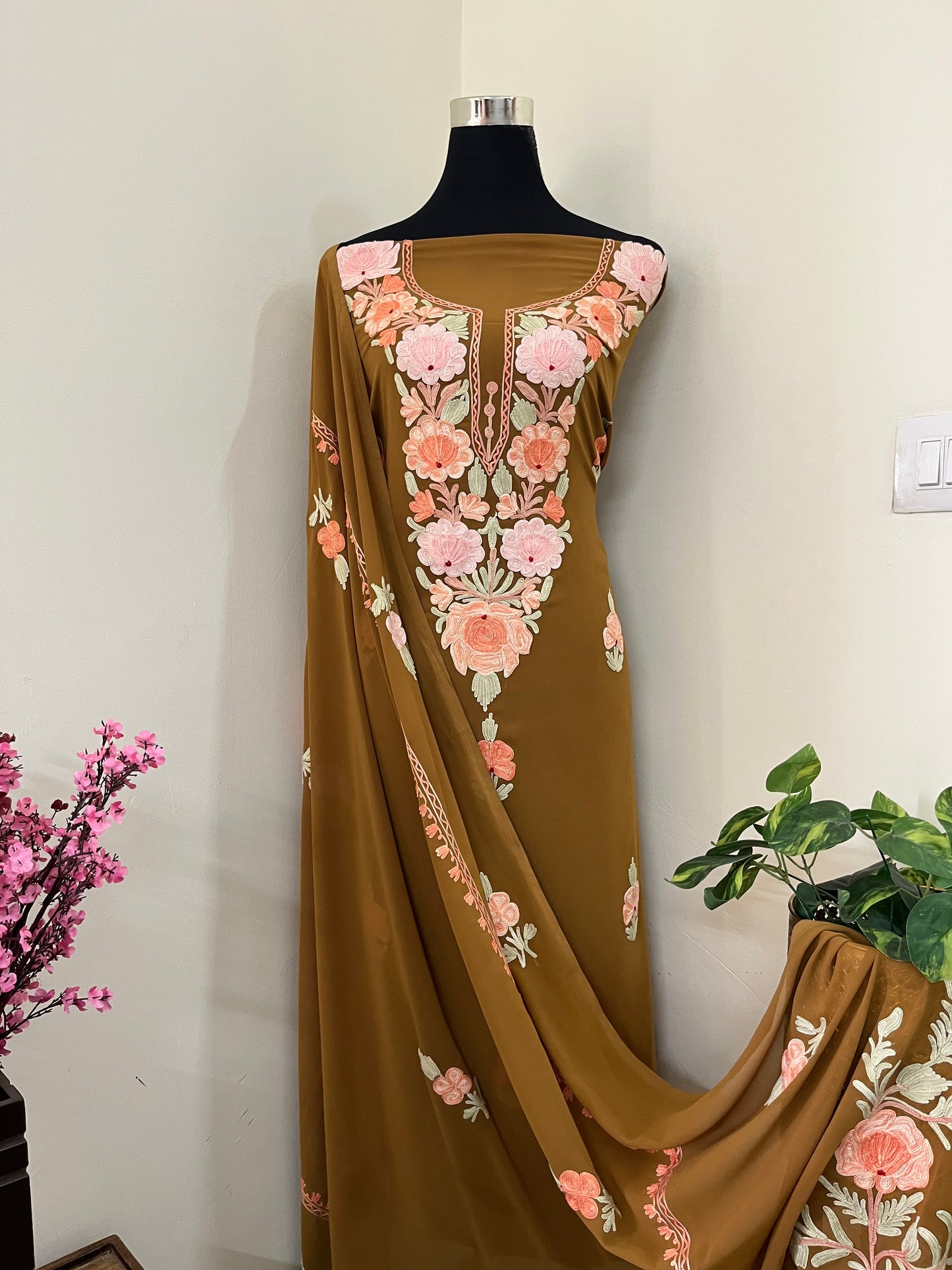 Coffee Brown Georgette 3 Pc Aari Embroidered Suit