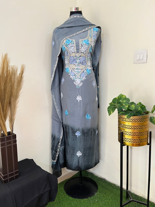 English Grey Mul Cotton Shibori Work Kashmiri 3pc Suit