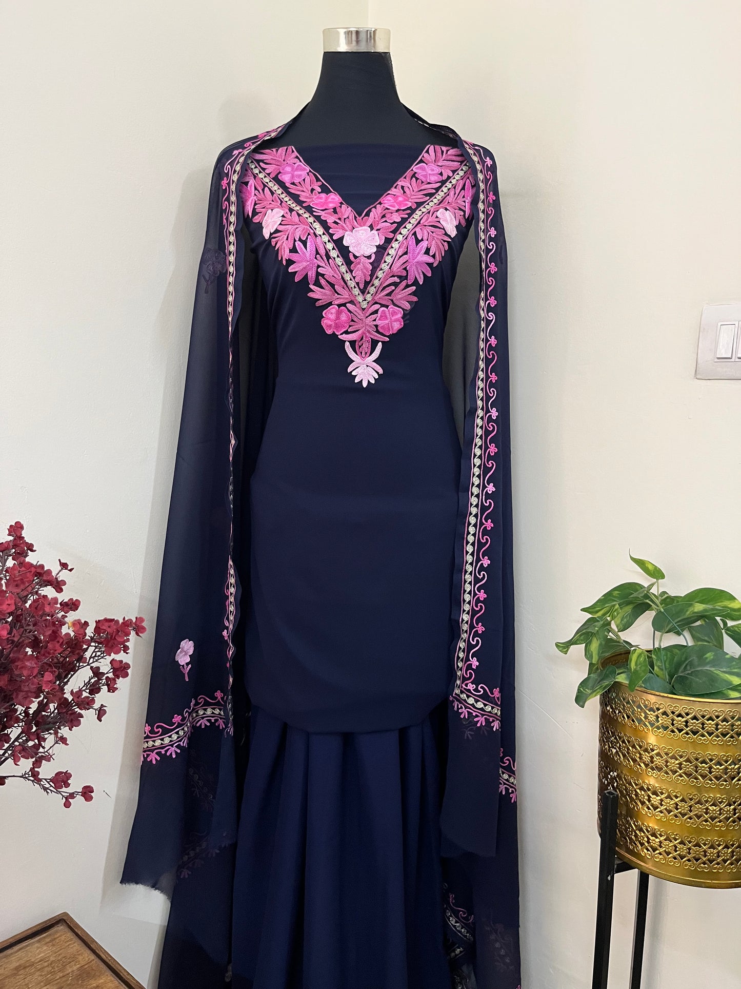 Navy blue Georgette 3 Pc Aari Embroidered Suit Set