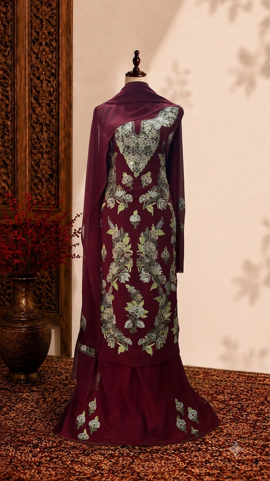 Maroon Georgette 3 Pc Kashmiri Suit
