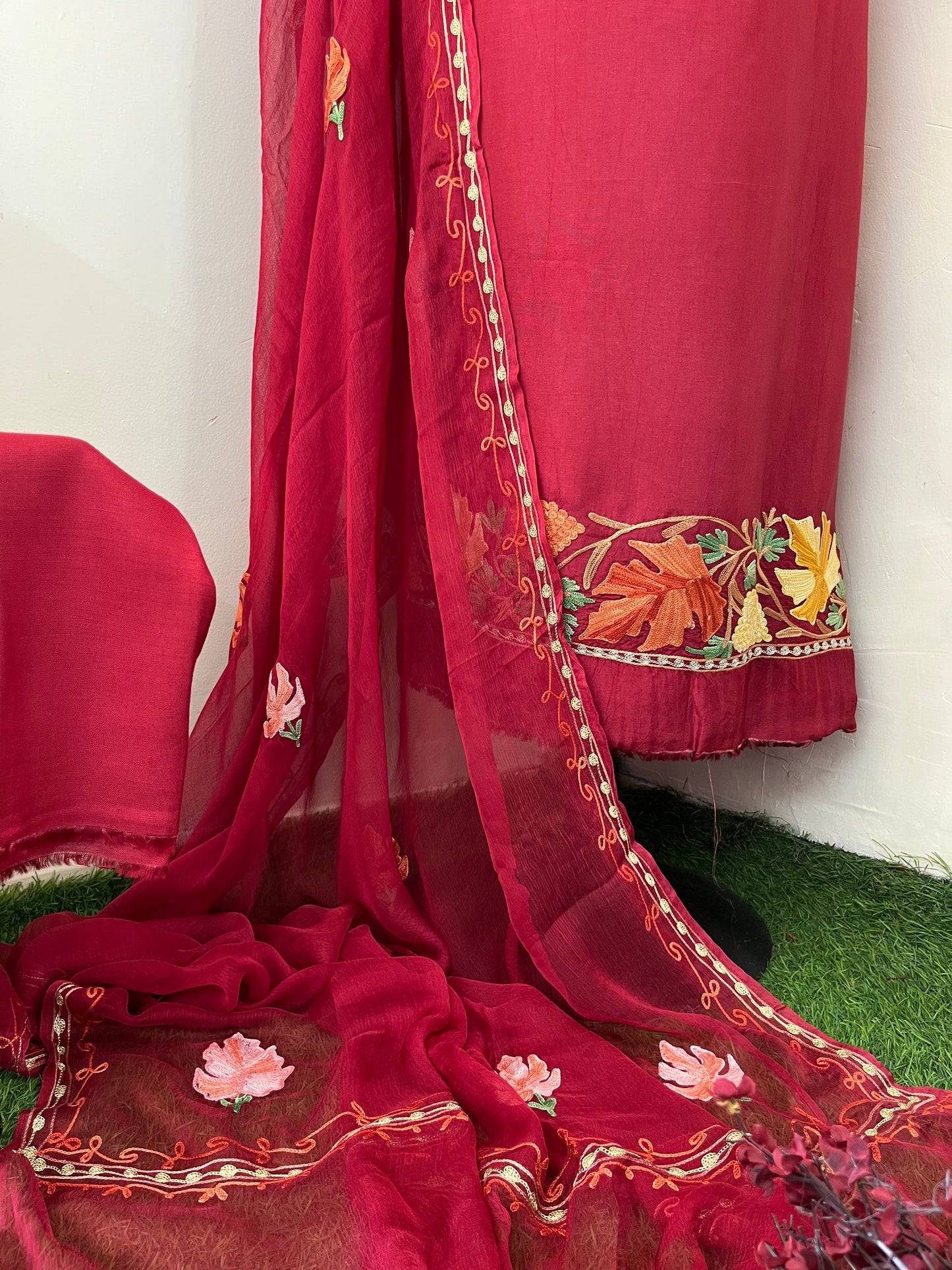 Maroon Opada Silk Aari Embroidered Suit material