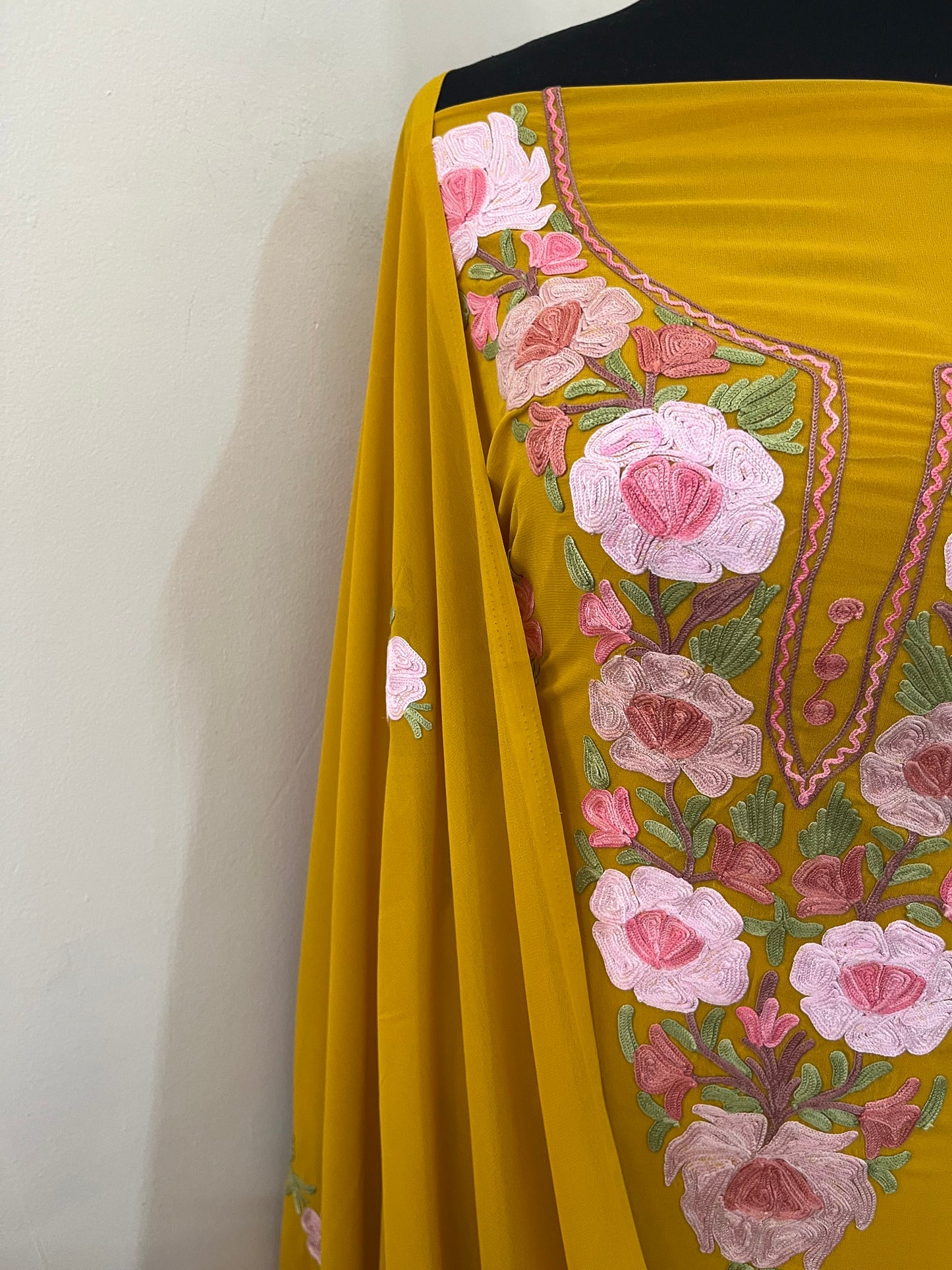 Mustard Georgette 3 Pc Aari Embroidered Suit
