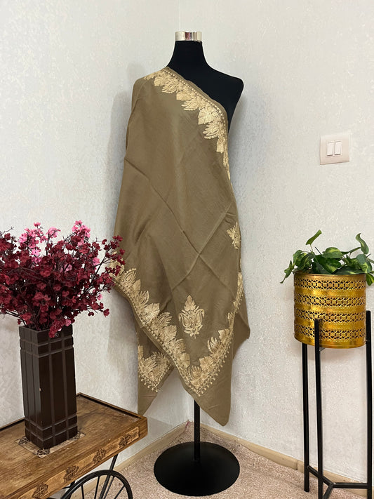 Beige Semi Pashmina Tilla Embroidered stole