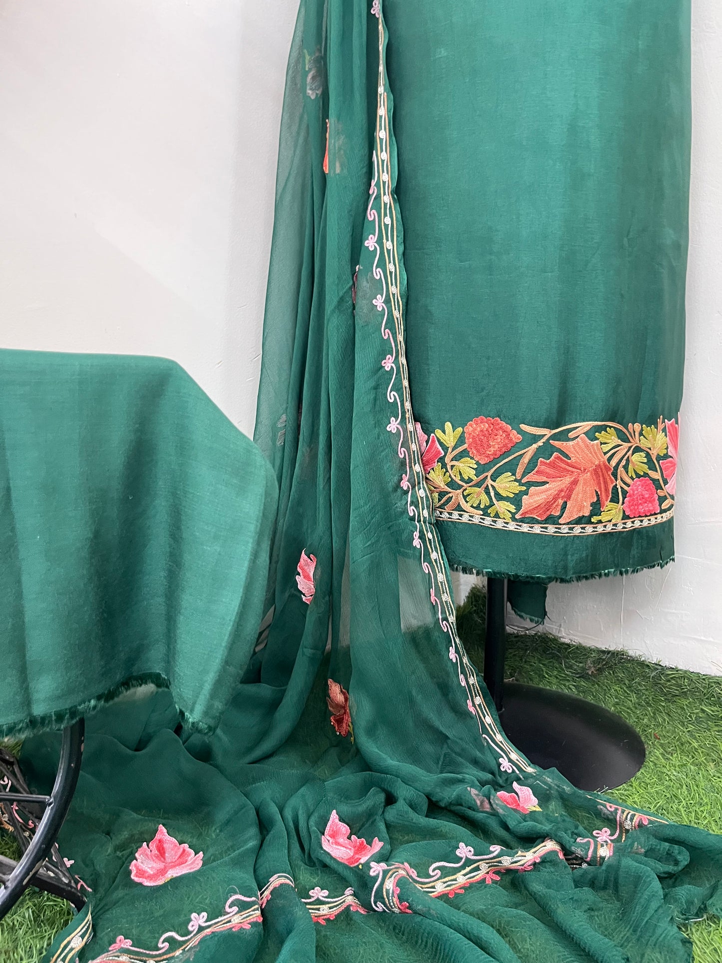 Bottle Green Opada Silk Aari Embroidered Suit material