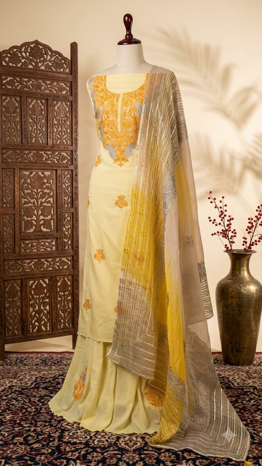 Lemon Yellow Satin Cotton Kashmiri Suit