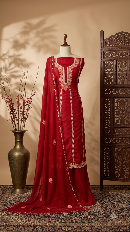 Sanam’ Maroon Silk Aari Embroidered Suit material