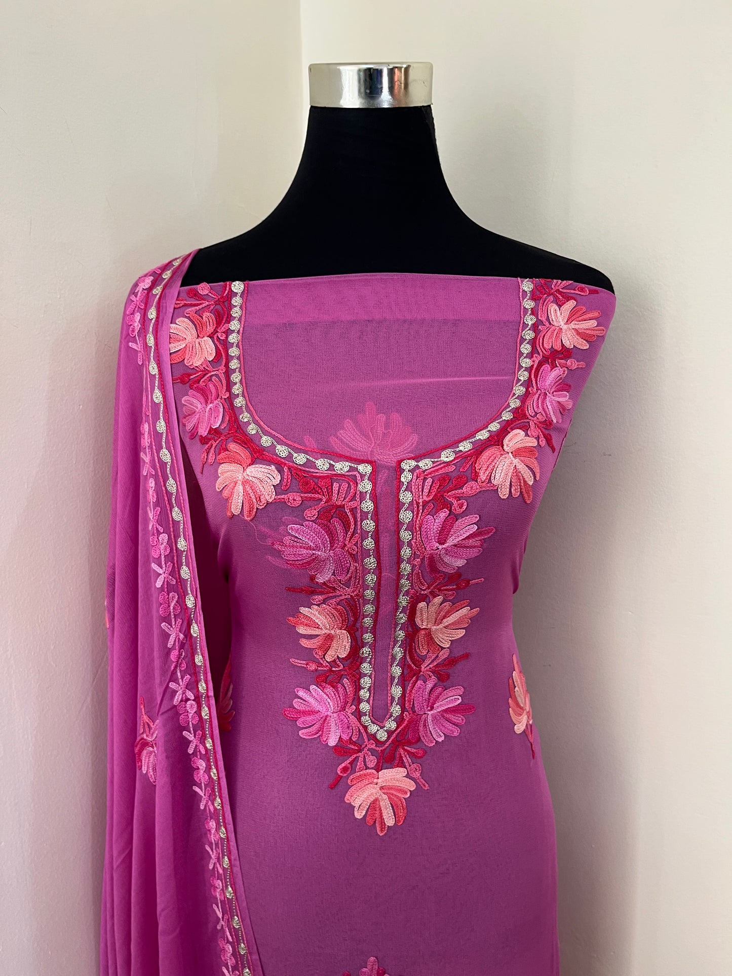 Mauve Pure Georgette Aari Embroidered Suit