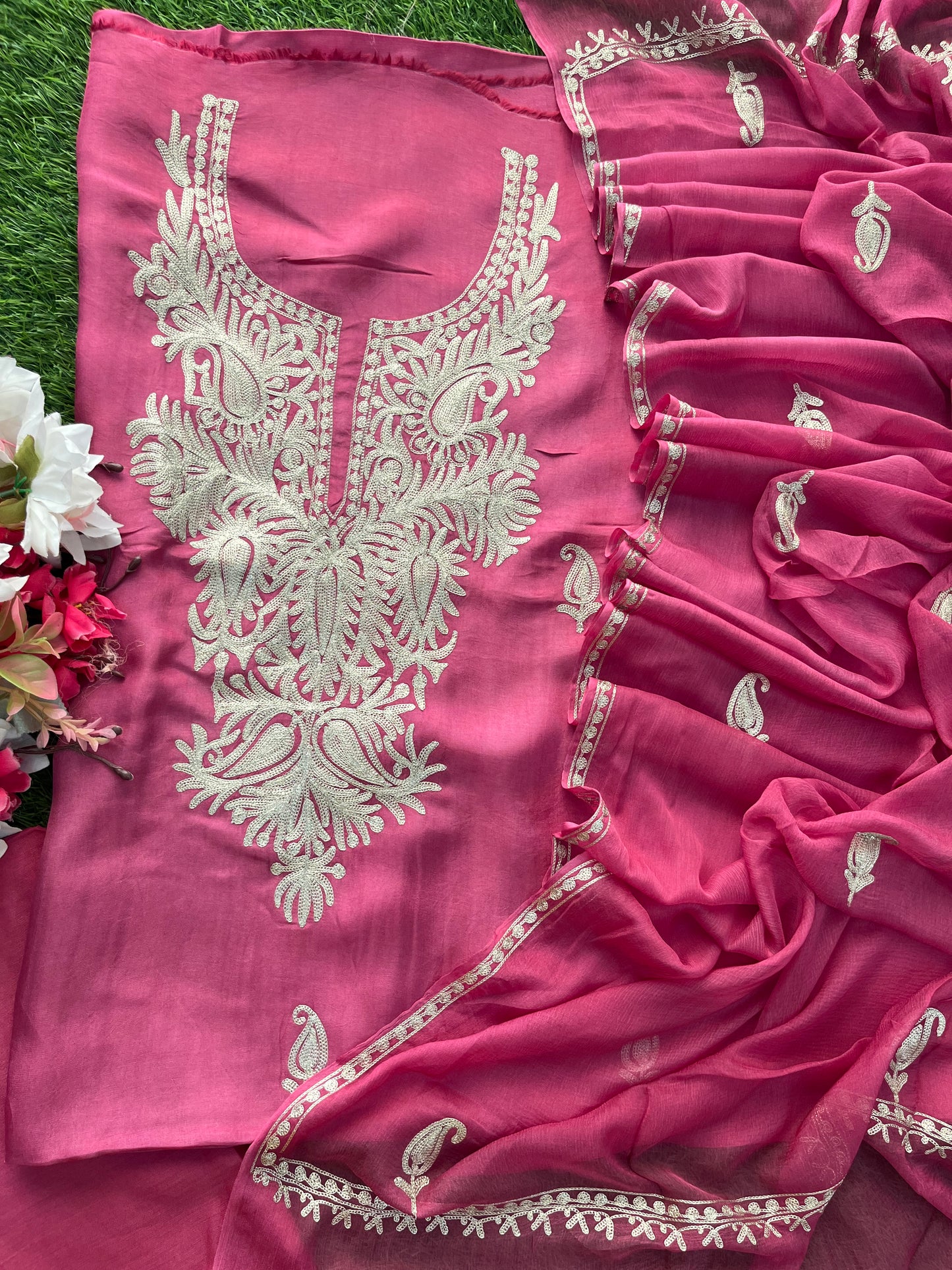 Onion Pink Silk Tilla Kashmiri Suit