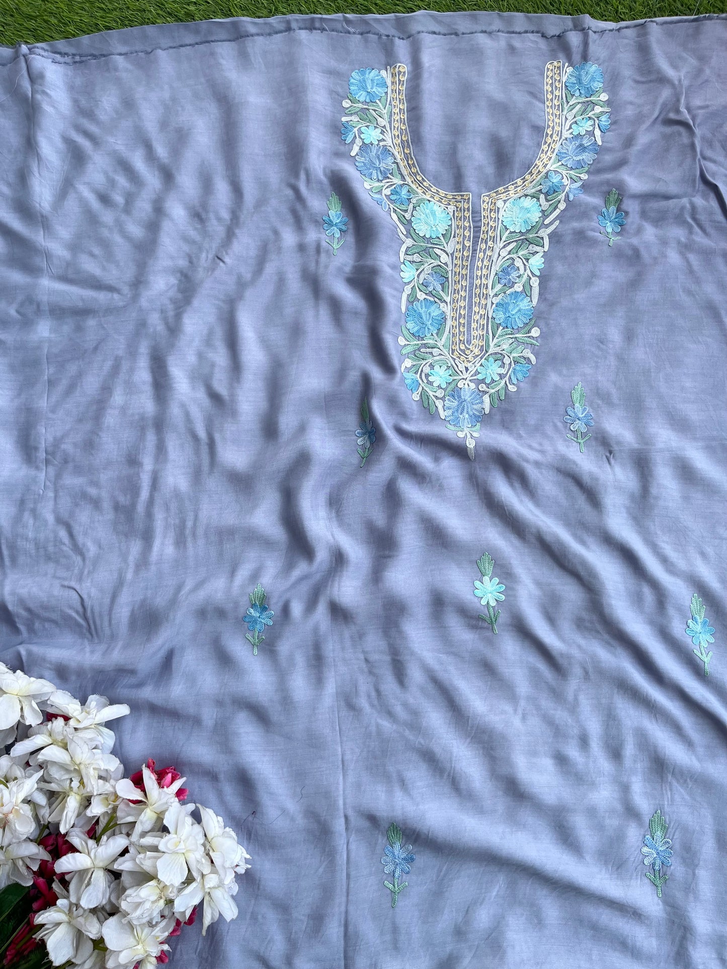 English Grey Muslin Cotton Jaal Sleeves Kashmiri 3pc Suit