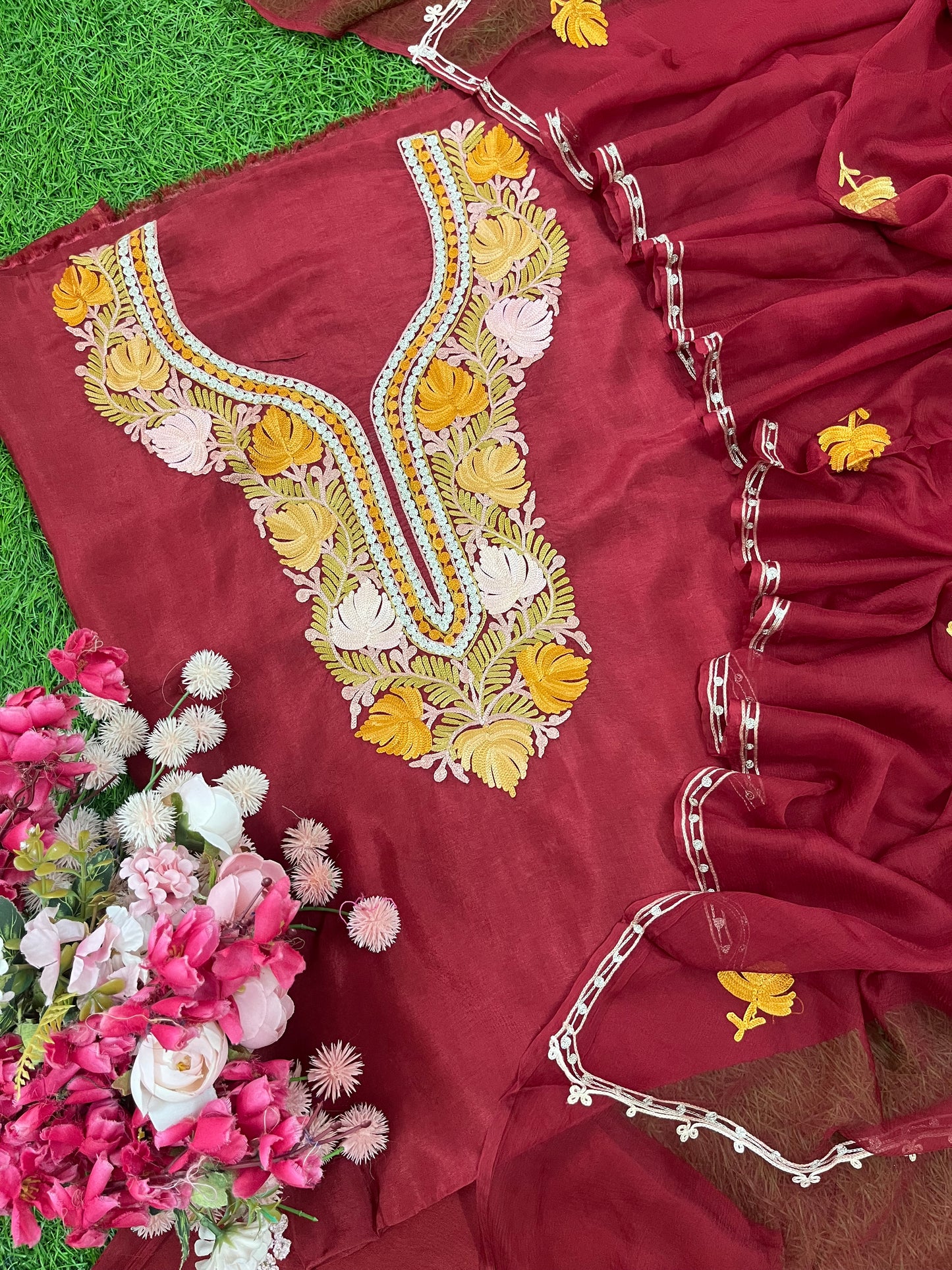 Maroon Opada Silk Kashmiri Suit