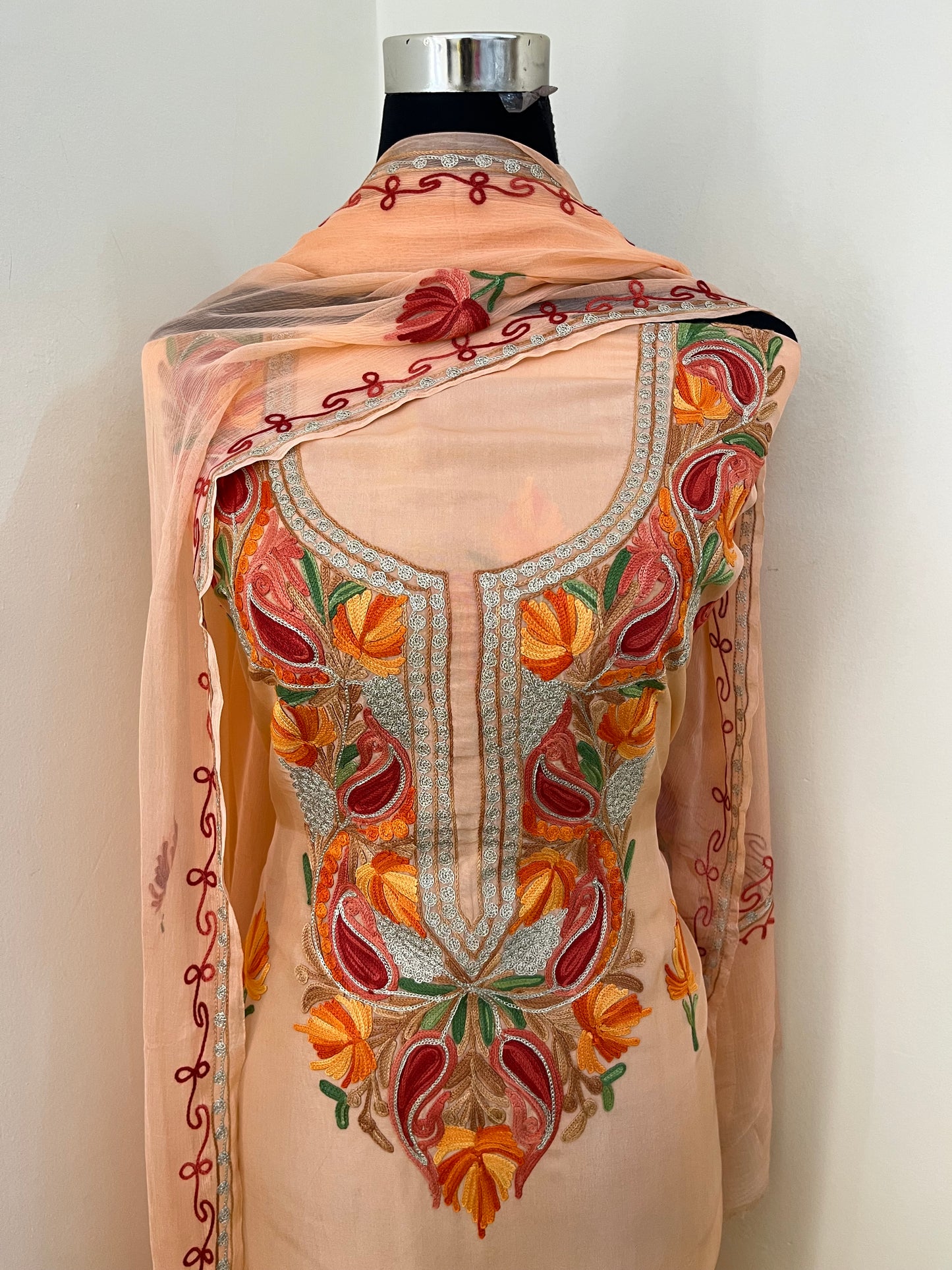 Peach Opada Silk Kashmiri Suit