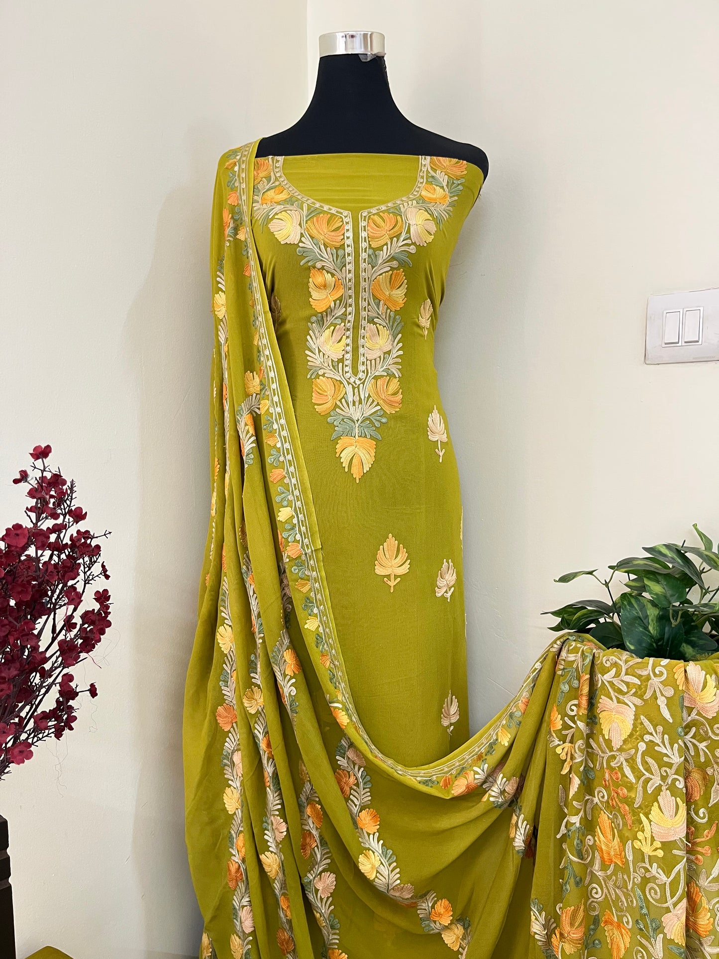 Pistachio Green Pure Georgette Kashmiri Suit