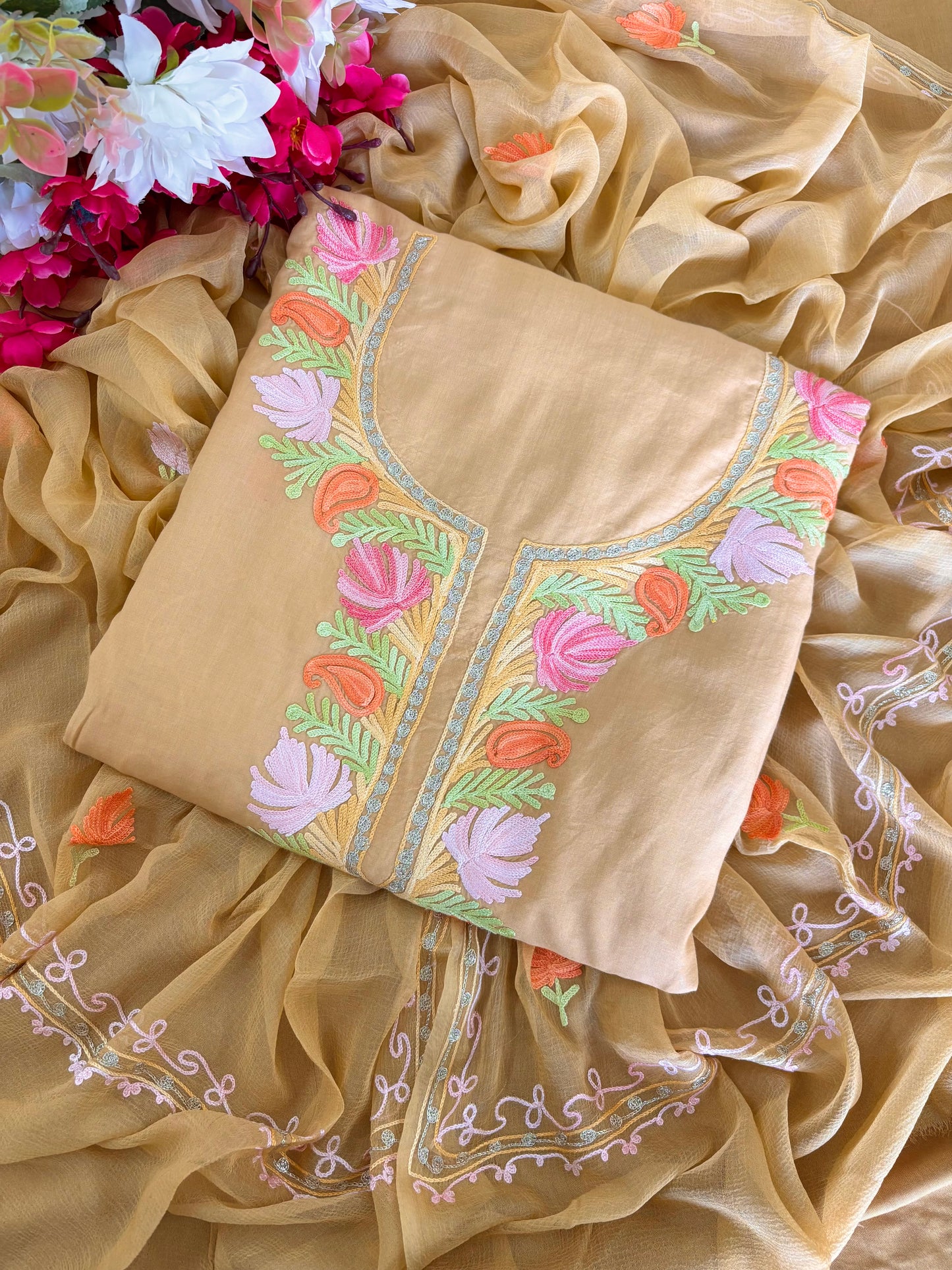 Faun Muslin Cotton Jaal Sleeves Kashmiri 3pc Suit