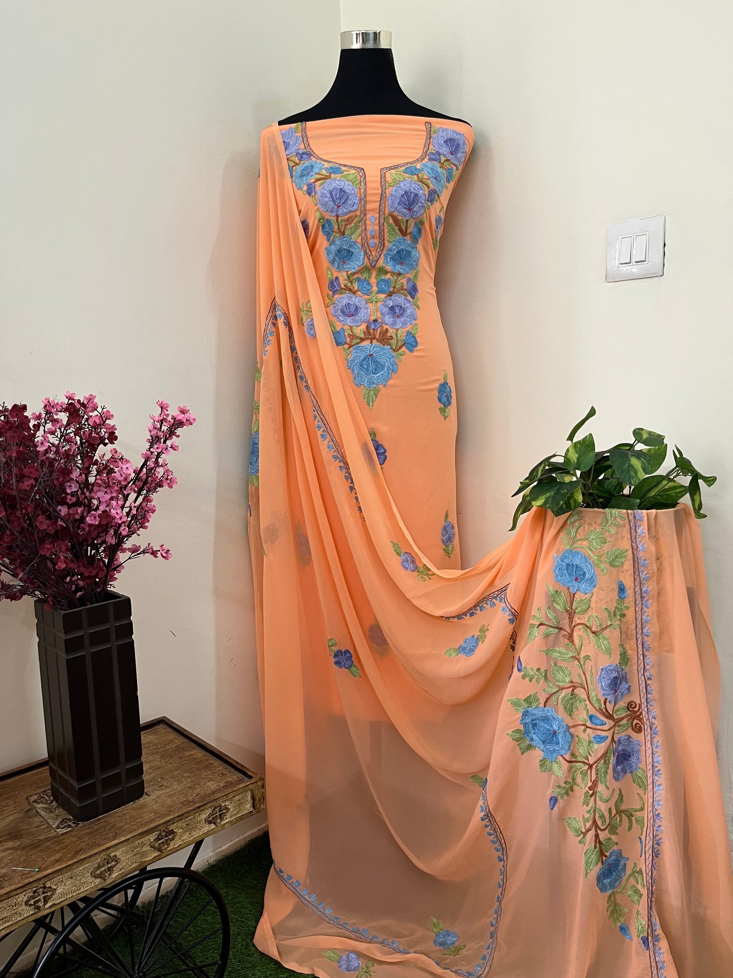 Light orange Georgette 3 Pc Aari Embroidered Suit