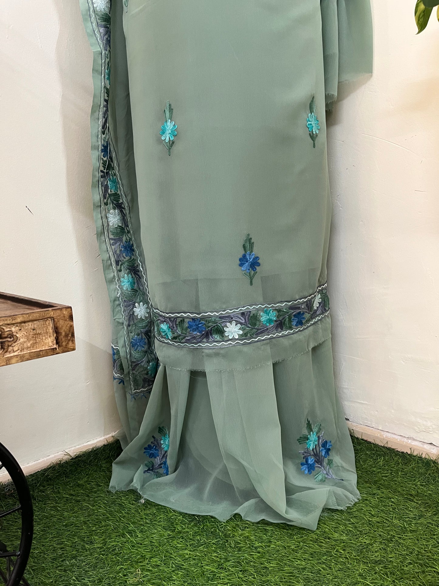 Tea Green Georgette 3 Pc Aari Embroidered Suit Set