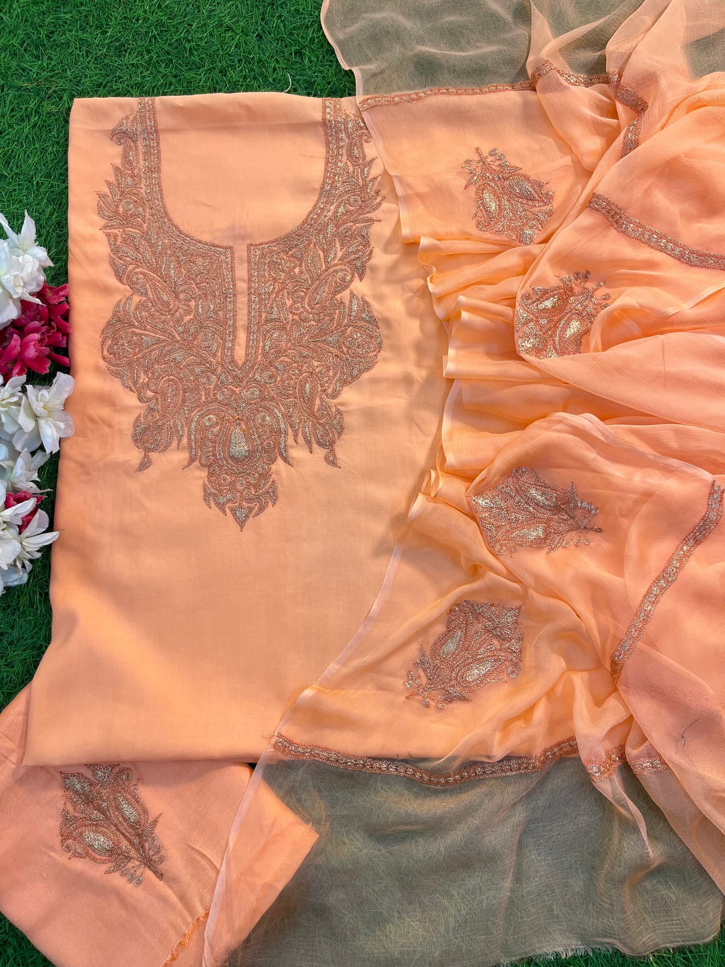 ‘Kalaa’ Peach Muslin Silk Tilla Embroidered Suit