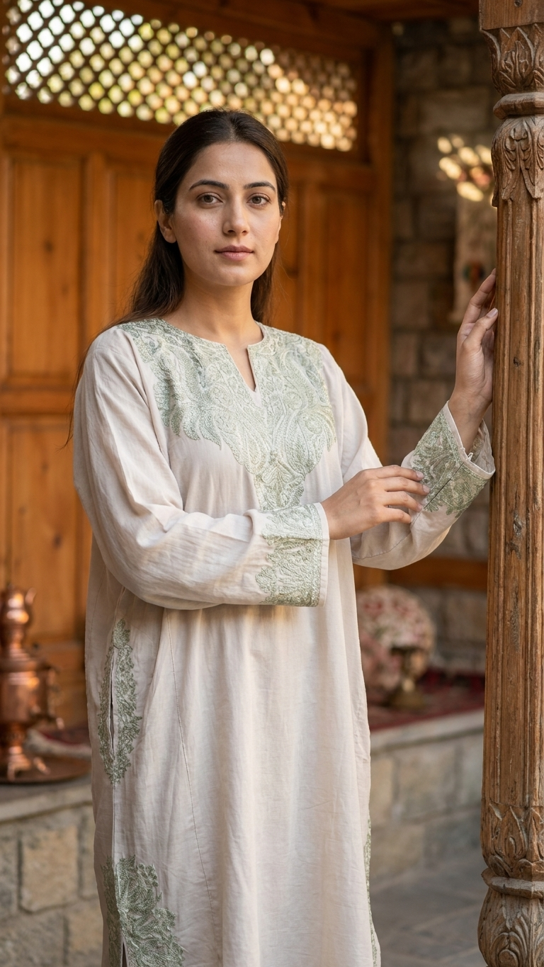 Ivory Cotton Kashmiri Pheran Set (Upto 46)