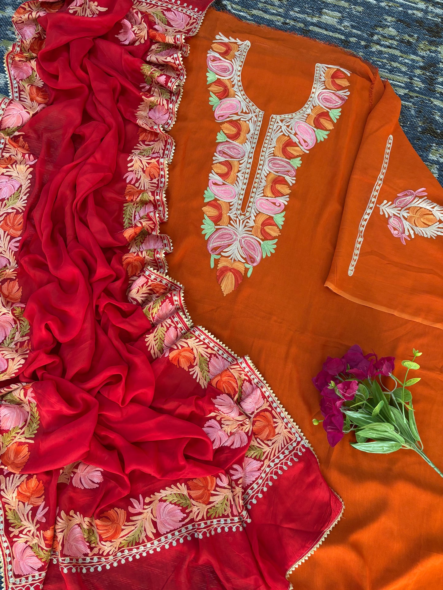 Soft Orange Pure Georgette Kashmiri Suit