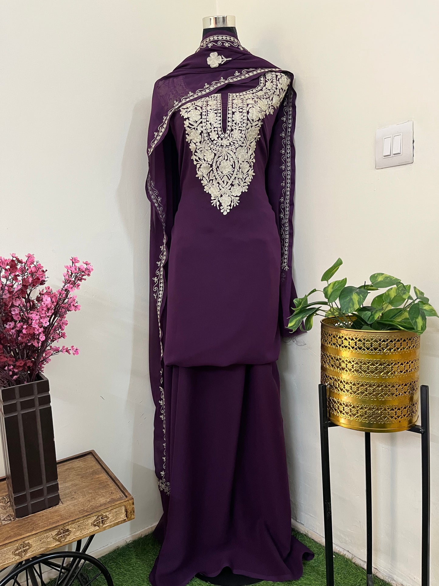 Wine Georgette 3pc Kashmiri Tilla Suit