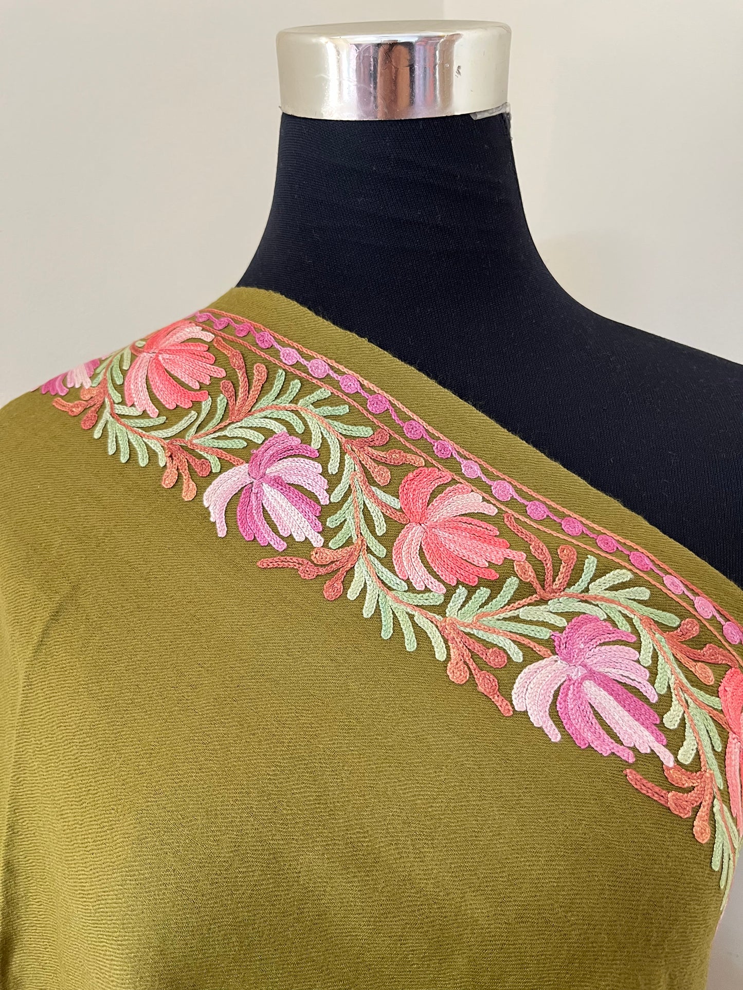 Henna Green Fine Semi Pashmina Aari Embroidered stole