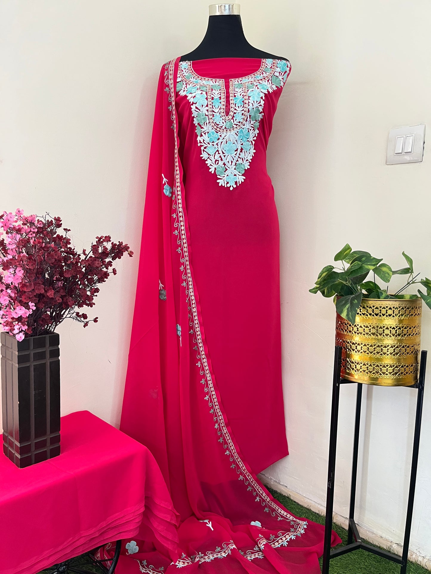 Candy Pink Georgette 3 Pc Aari Embroidered Suit Set