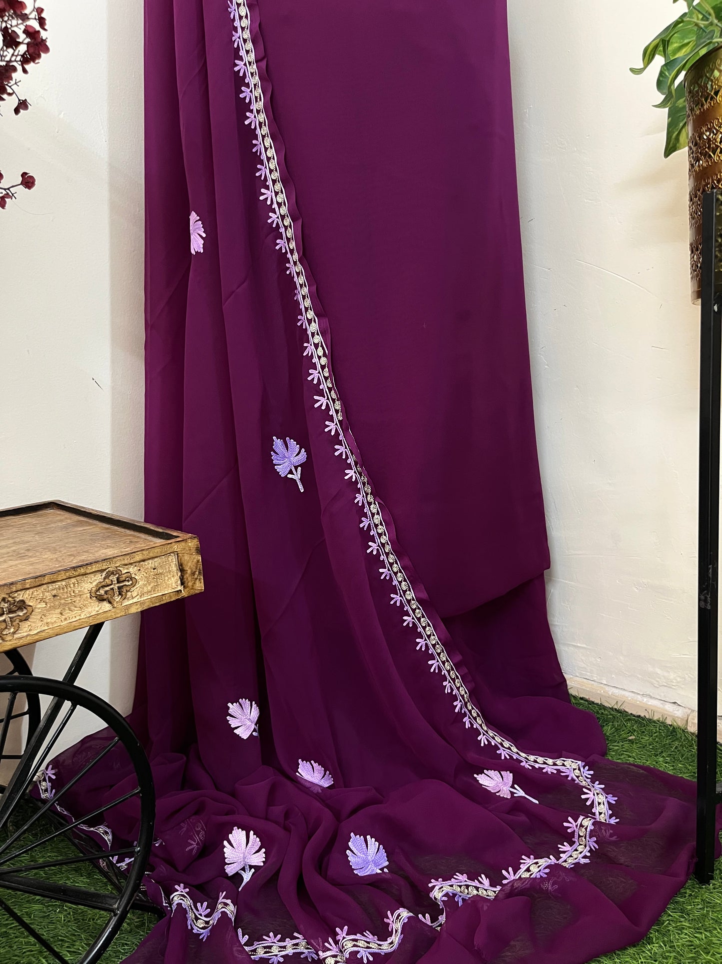 Wine Georgette 3 Pc Aari Embroidered Suit Set