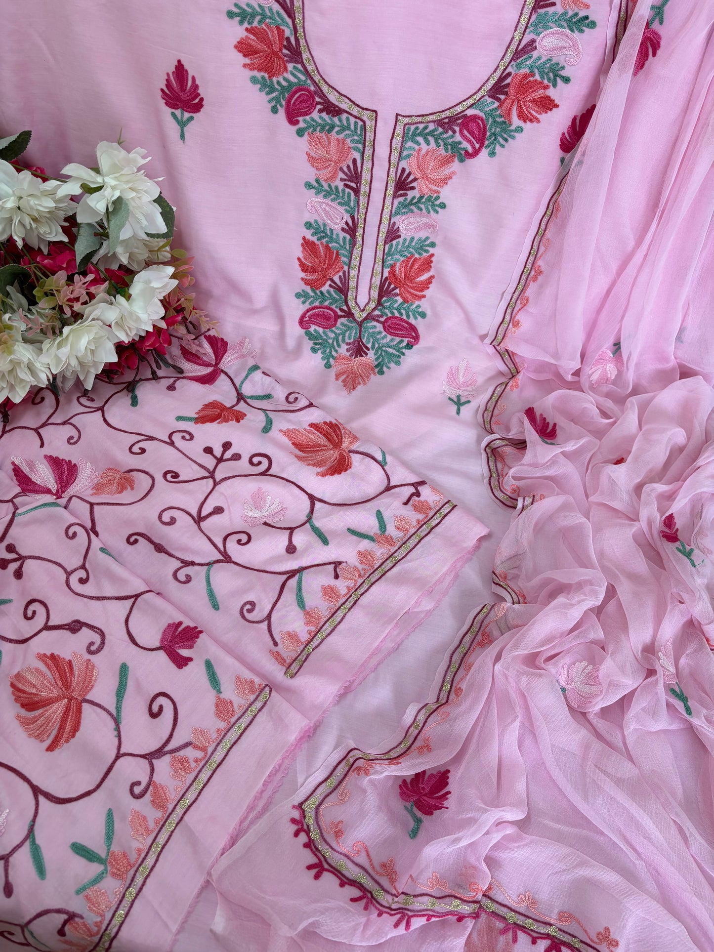 Soft Pink Muslin Cotton Jaal Sleeves Kashmiri 3pc Suit