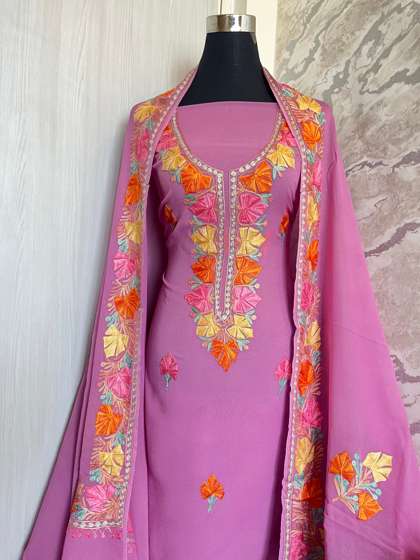 Lilac Pure Georgette Aari Embroidered Suit