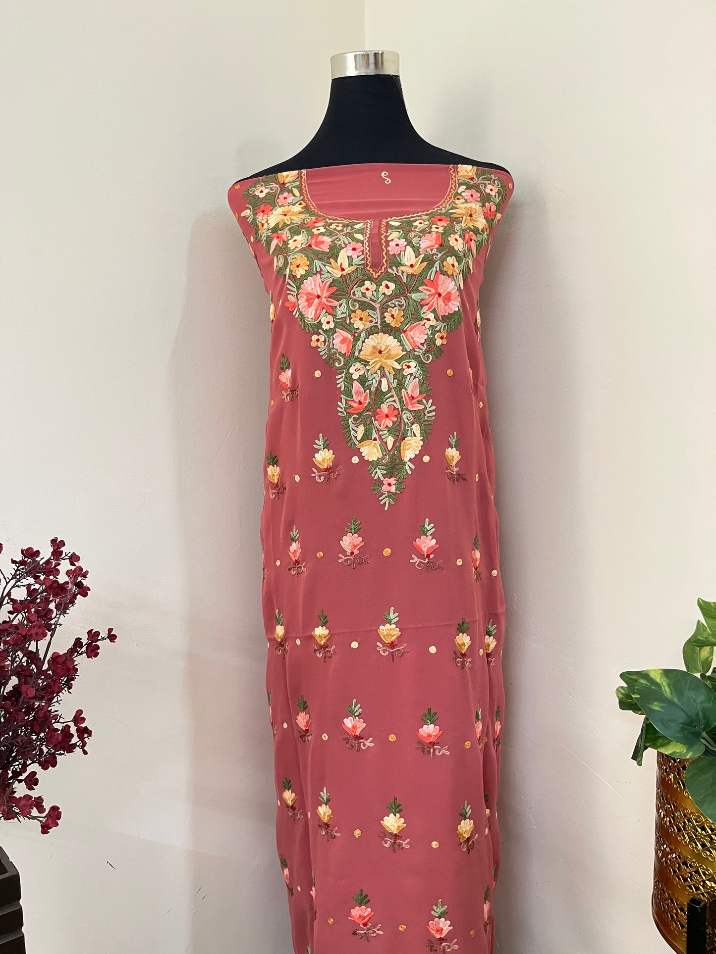 Blush Red Georgette Kashmiri Kurta Material