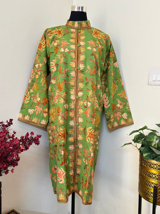 Henna Green Aari Embroidered Pure Wool Jacket XXL
