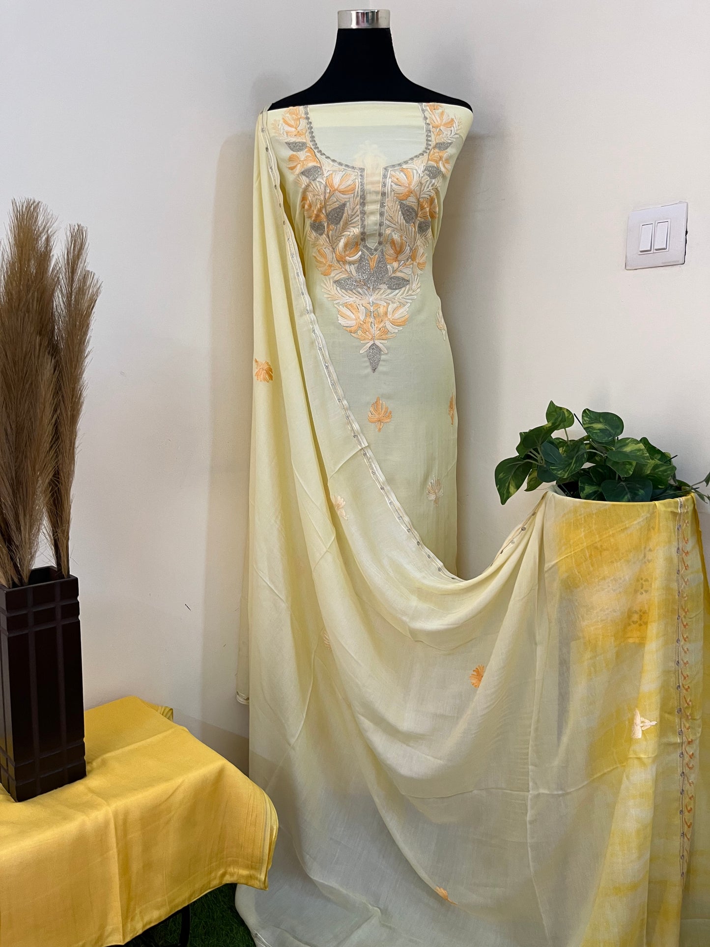 Lemon Yellow Mul Cotton Shibori Work Kashmiri 3pc Suit