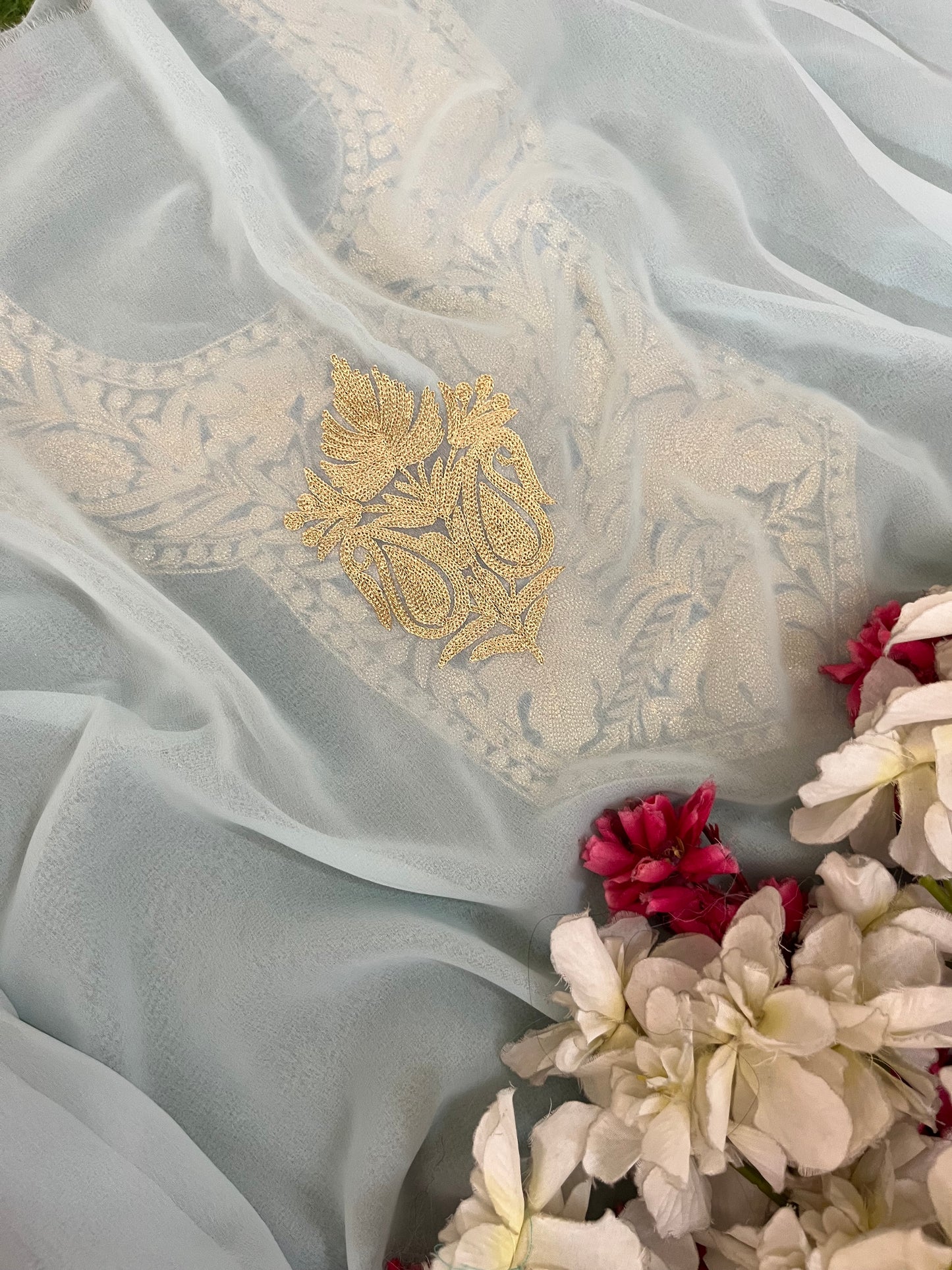 Sky blue Georgette 3pc Kashmiri Tilla Suit