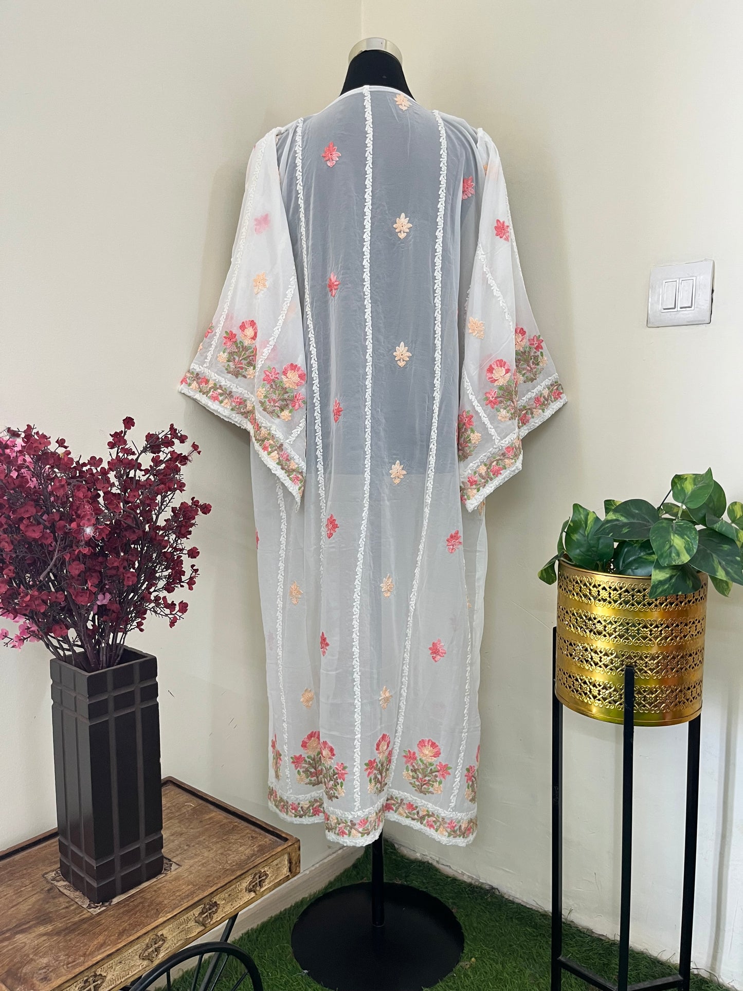 Off White Georgette All over Work Aari Embroidered Unstitched Kurta