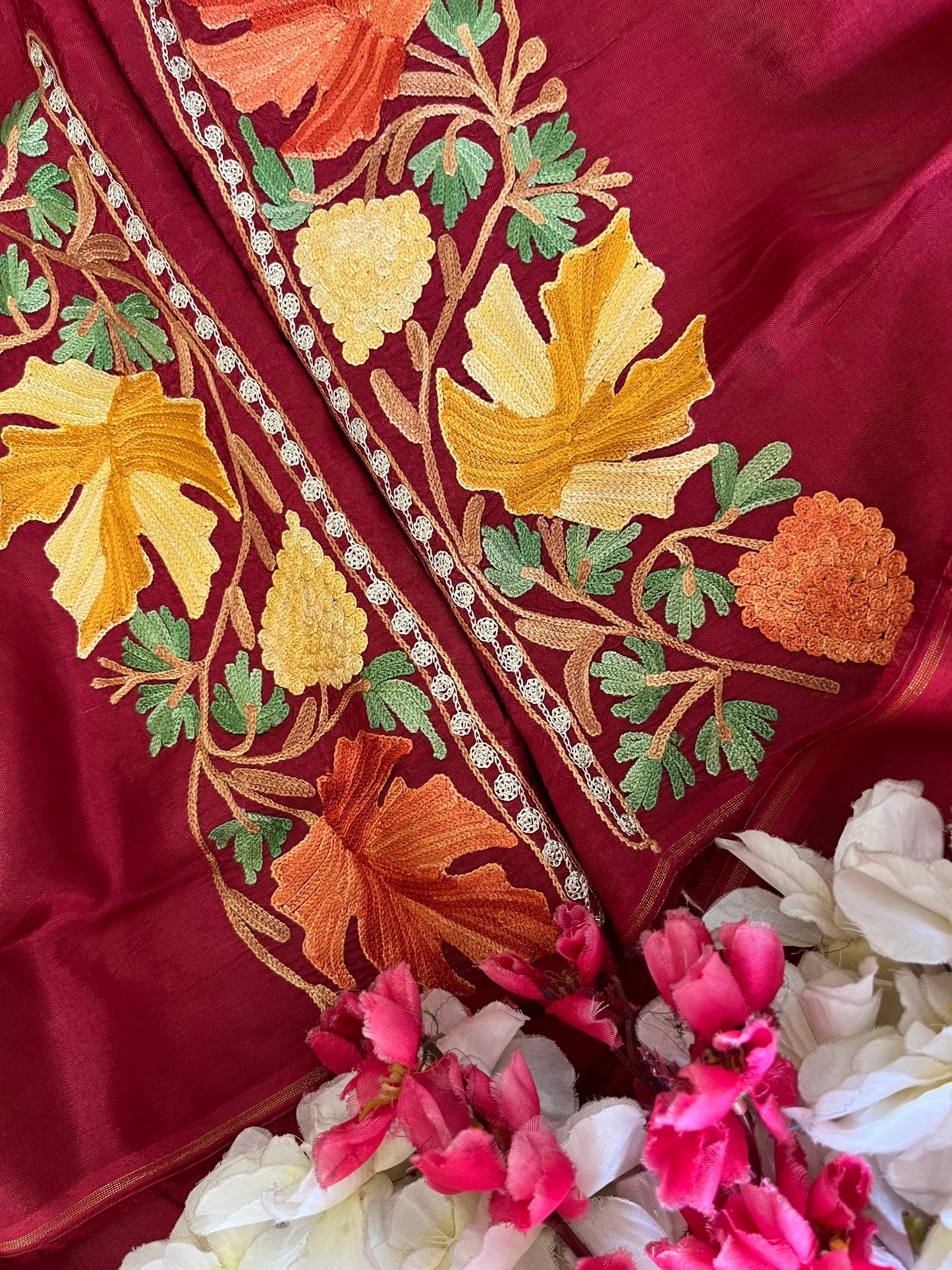 Maroon Opada Silk Aari Embroidered Suit material
