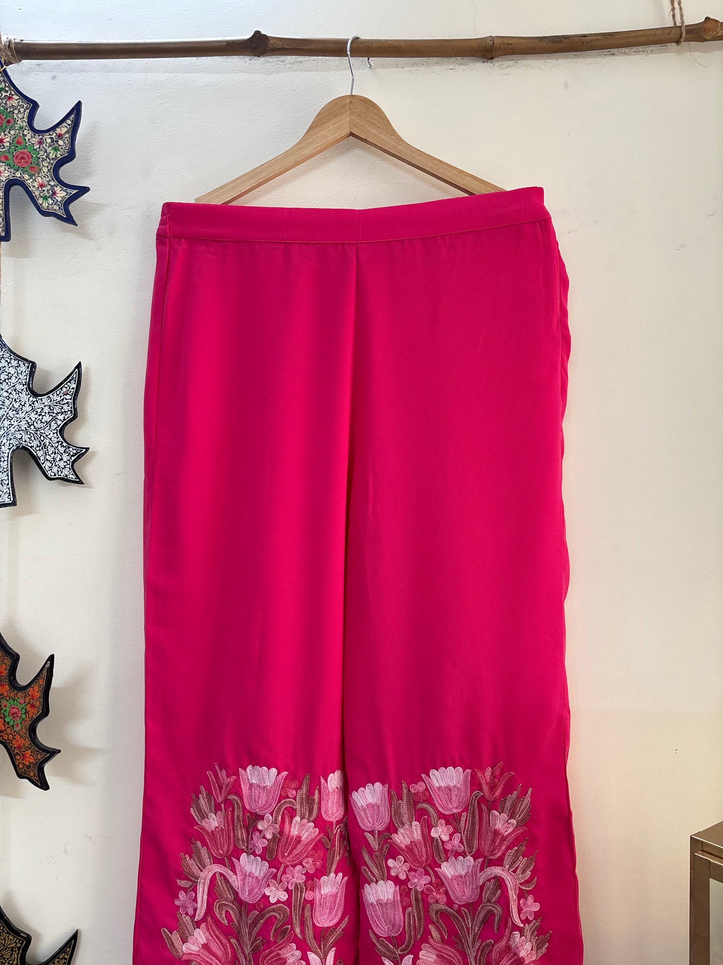 Women Pink Solid Flared Aari Embroidered Palazzos (32)
