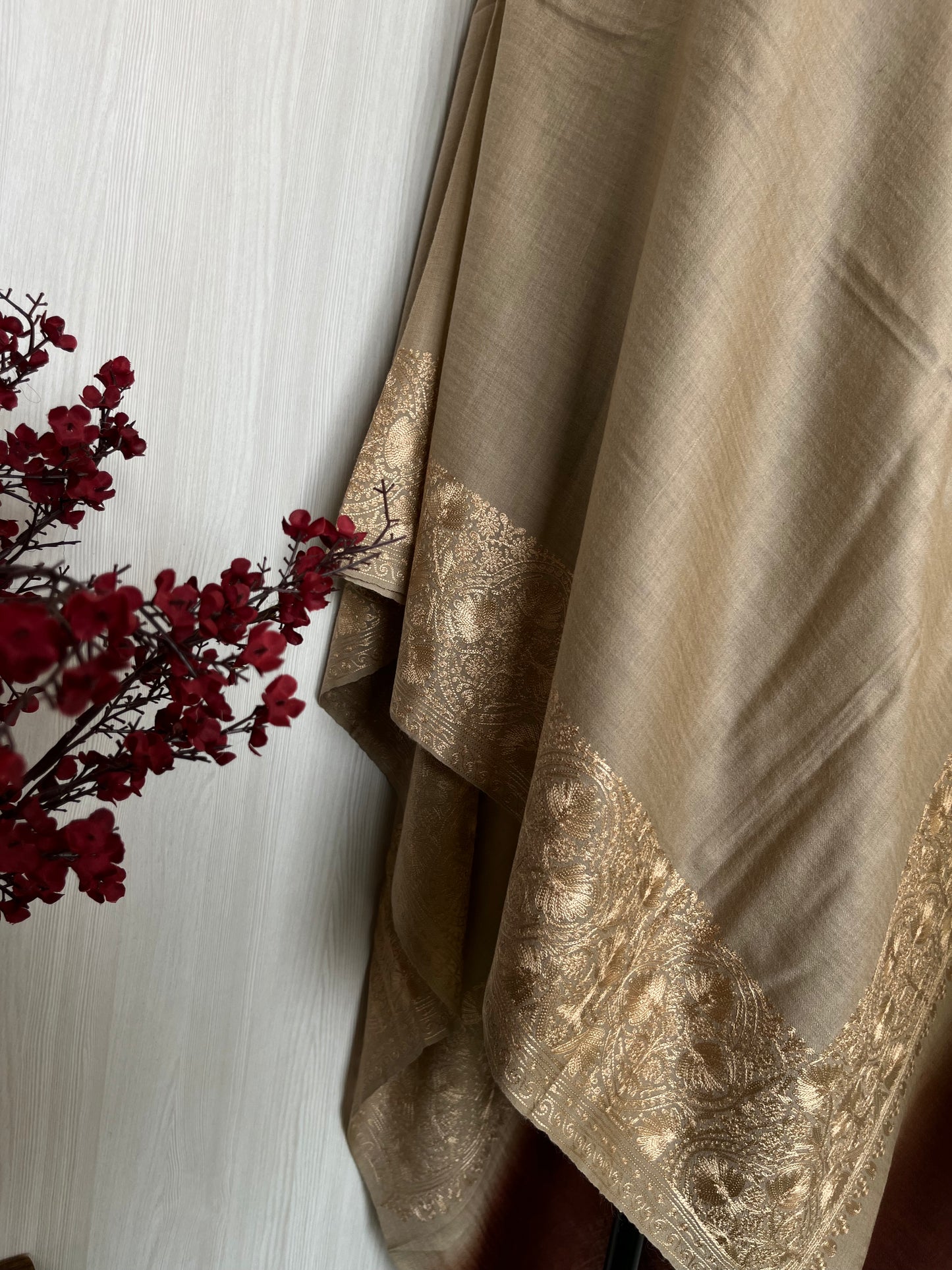 Beige Brown Silk Thread Border Embroidered Fine Semi Pashmina stole