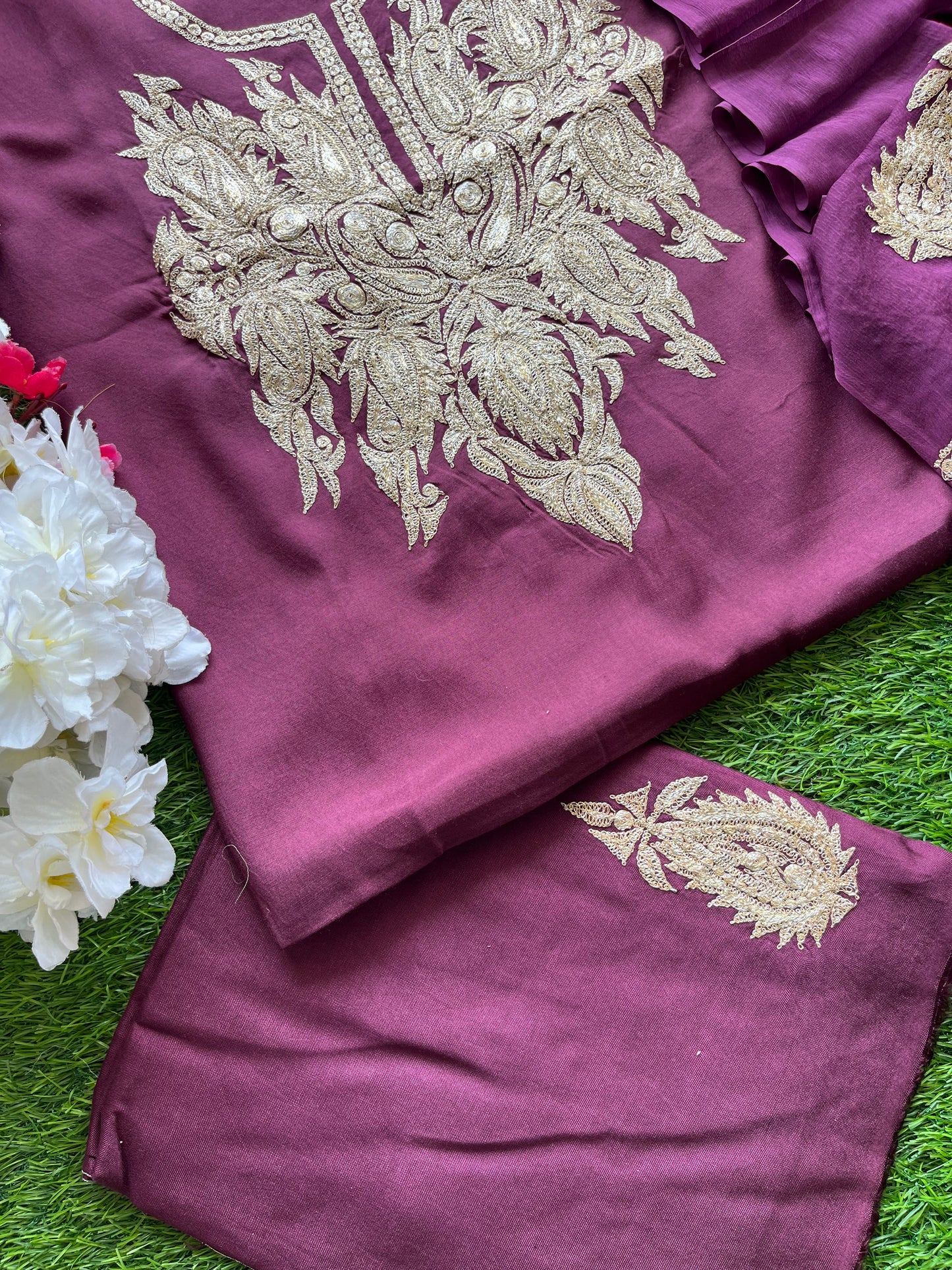 ‘Kalaa’ Wine Muslin Silk Tilla Embroidered Suit material