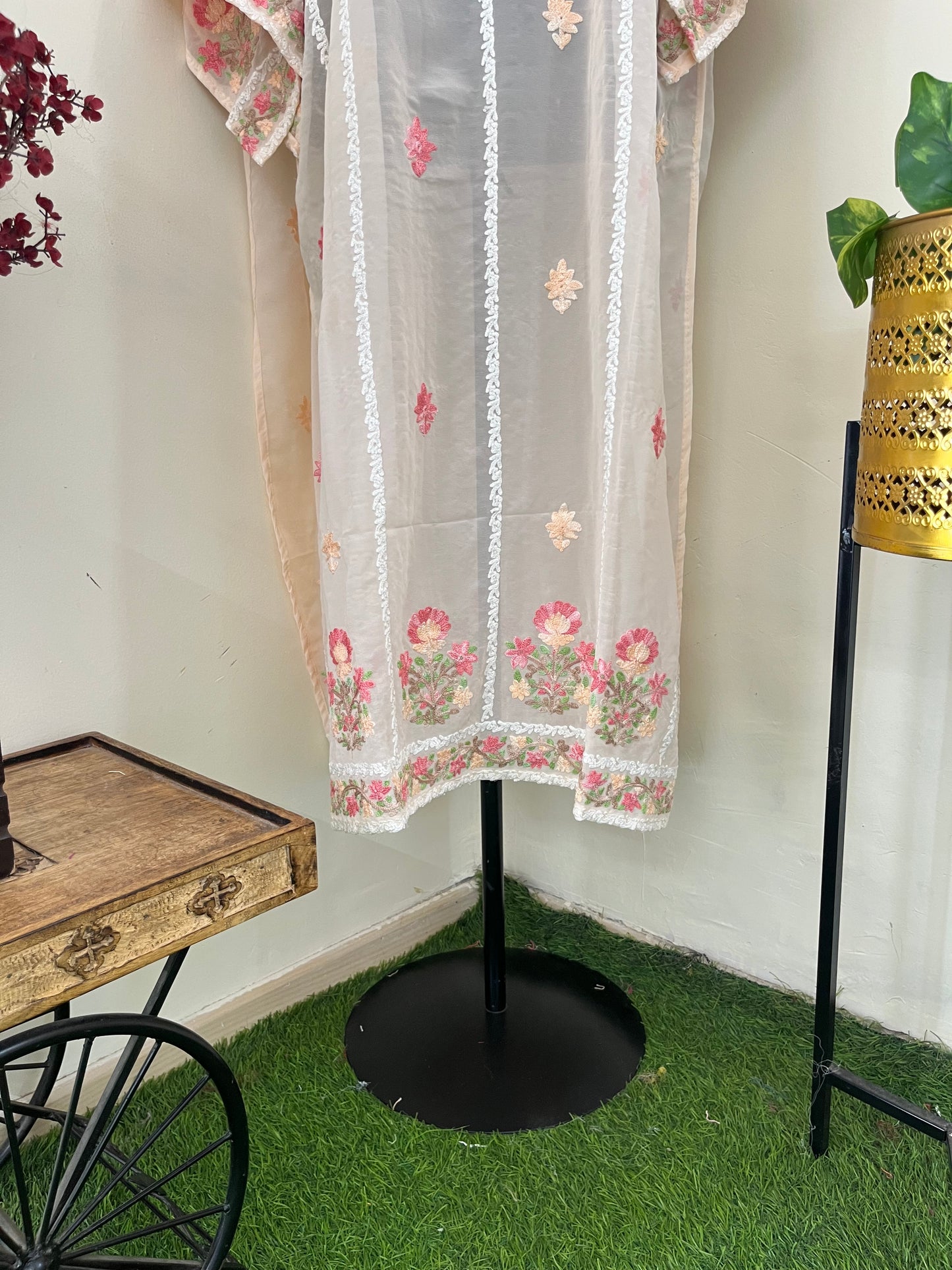 Peach Georgette All over Work Aari Embroidered Unstitched Kurta