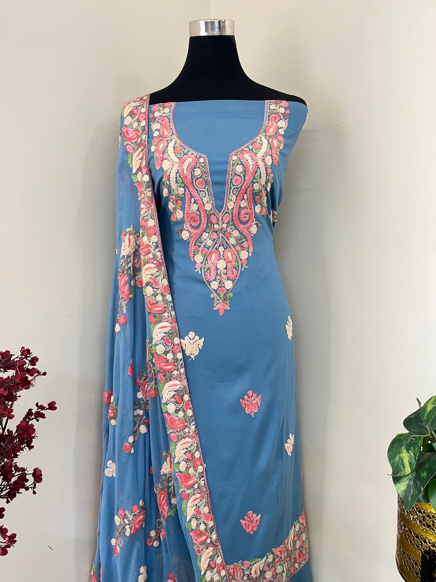 English Grey Rayon Cotton Kashmiri 3pc set