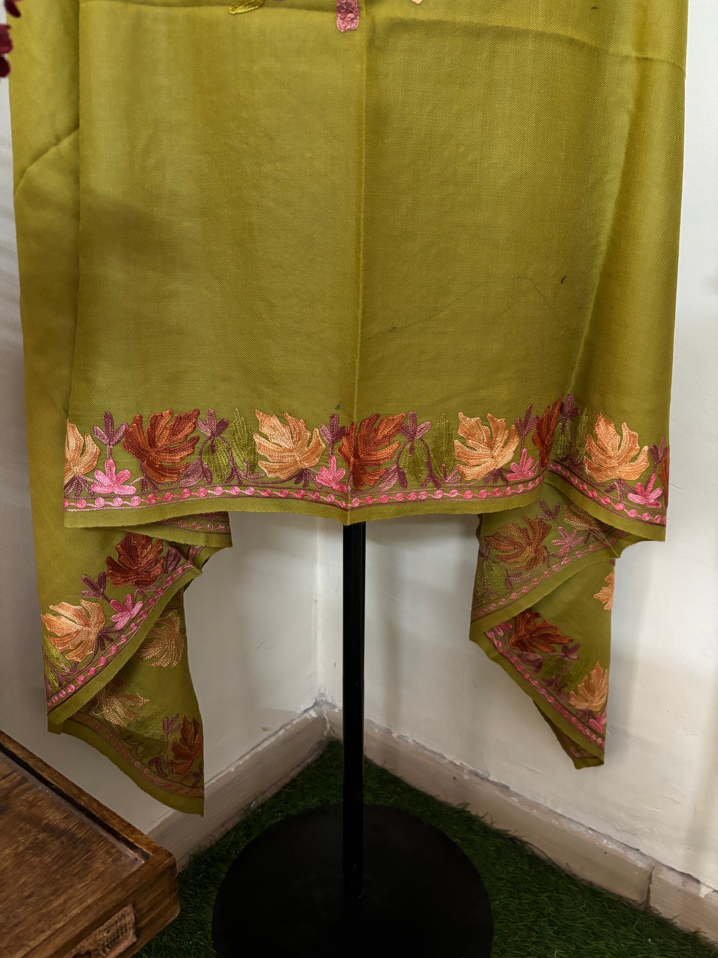 Henna Green Aari Embroidered Pure Wool Cape