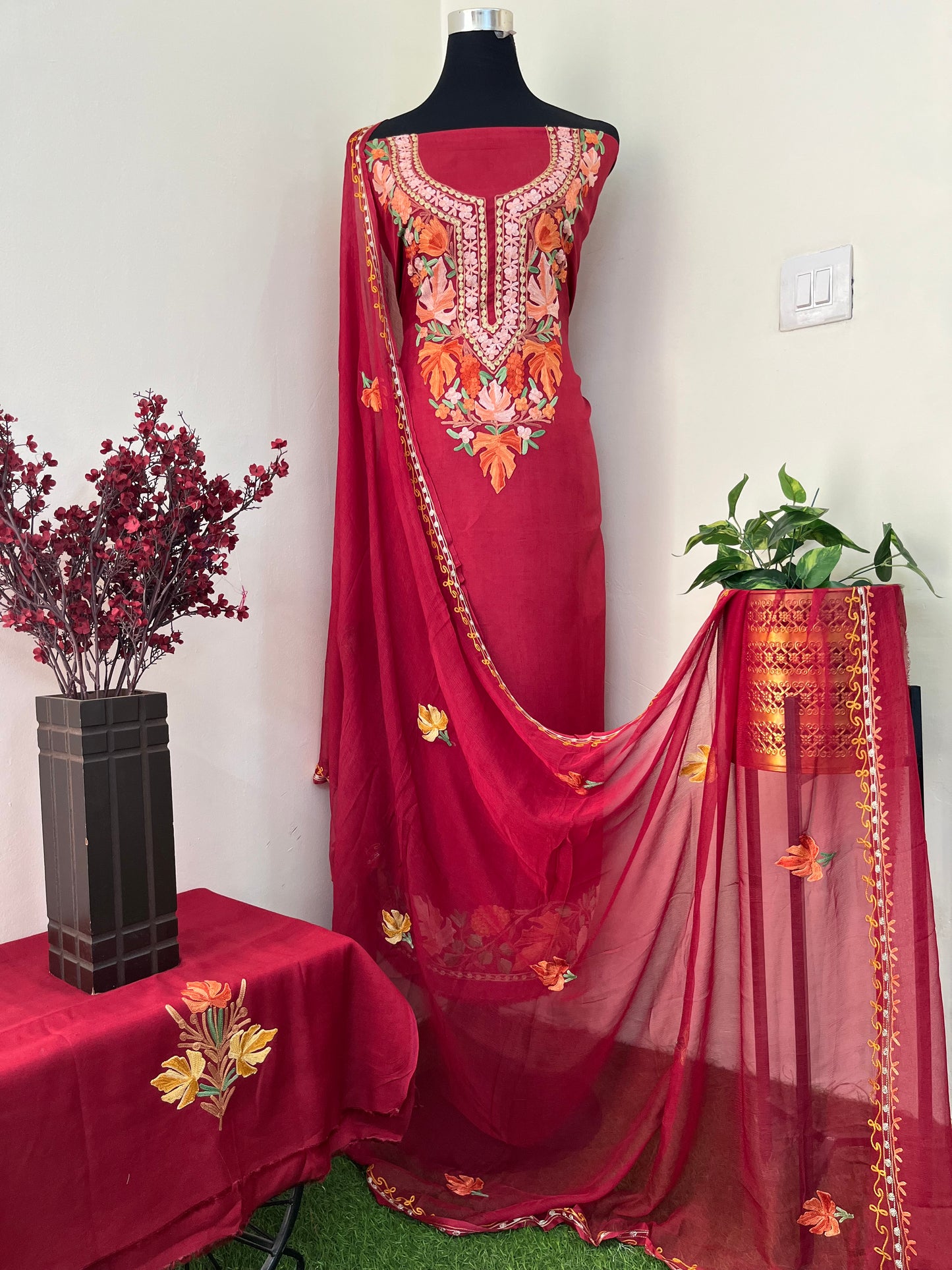 Maroon Opada Silk Aari Embroidered Suit material