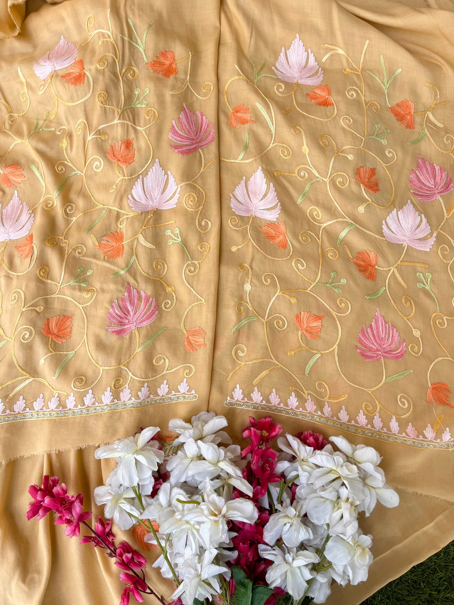 Faun Muslin Cotton Jaal Sleeves Kashmiri 3pc Suit