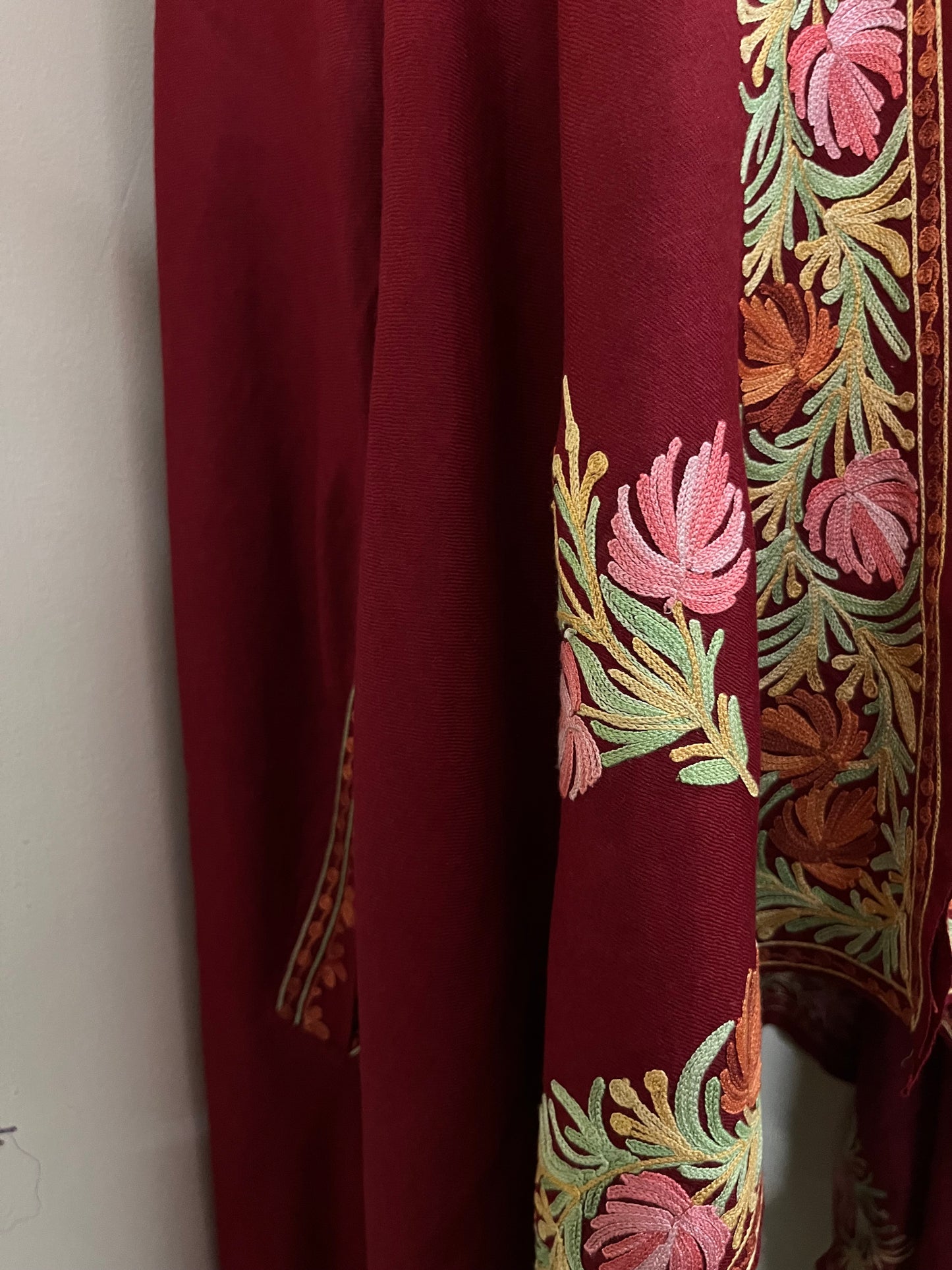 Maroon Aari Embroidered Pure Wool Cape