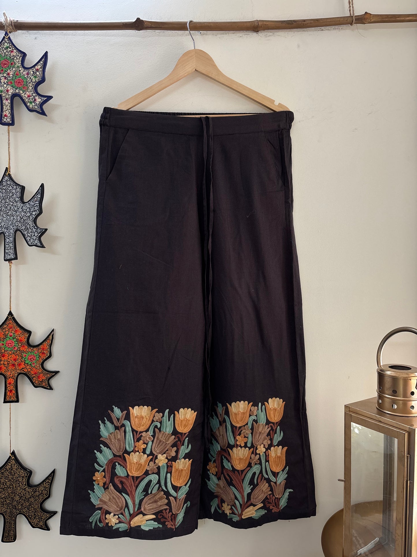 Women Charcoal Grey Wide Leg Aari Embroidered Palazzos ‘M’