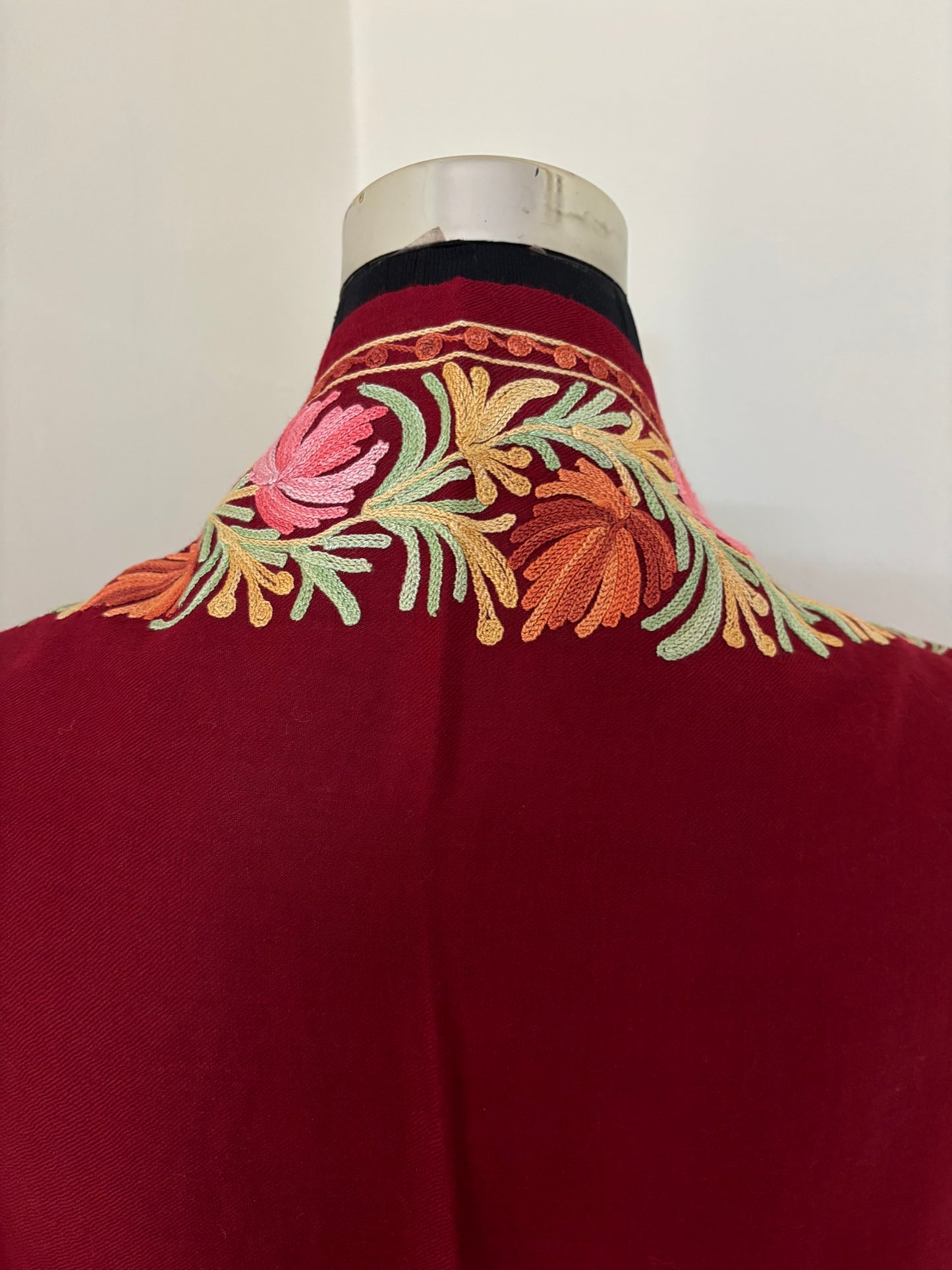 Maroon Aari Embroidered Pure Wool Cape