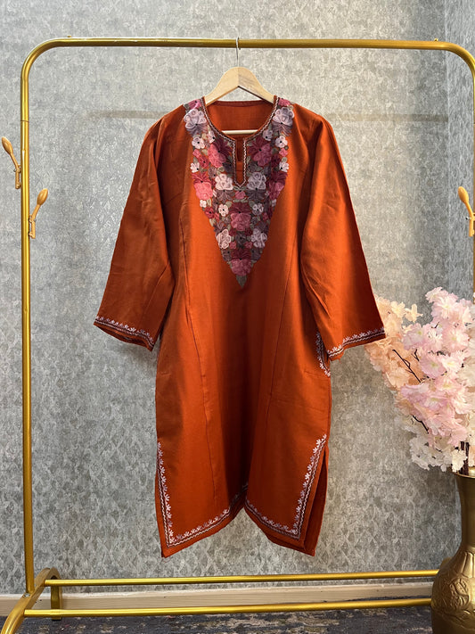 Orange Aari Embroidered Wool Pheran