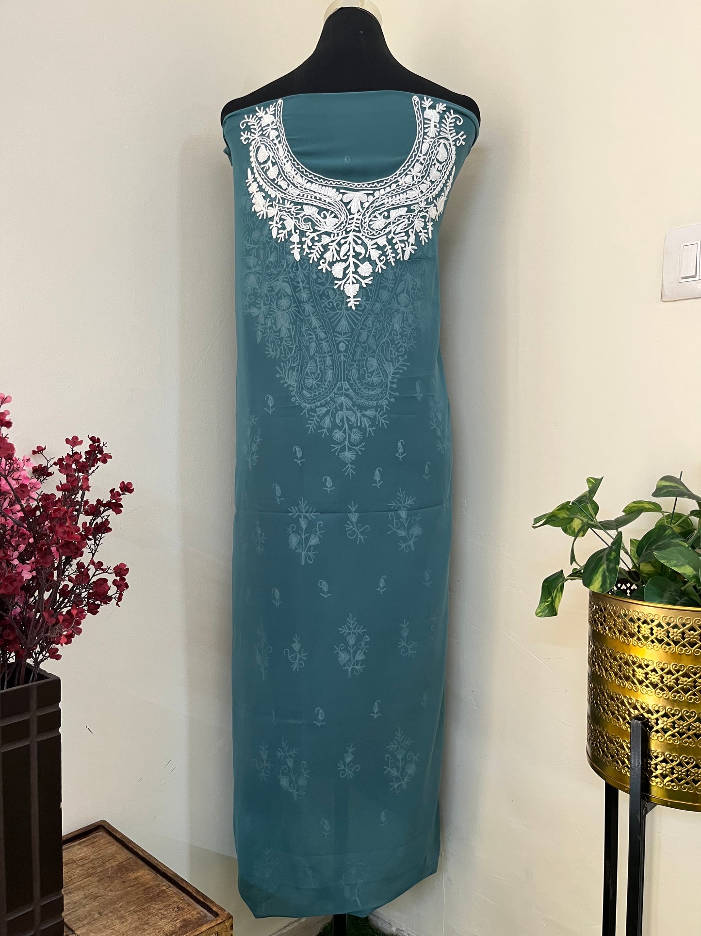Teal Green Georgette Kashmiri Unstitched Kurta Material