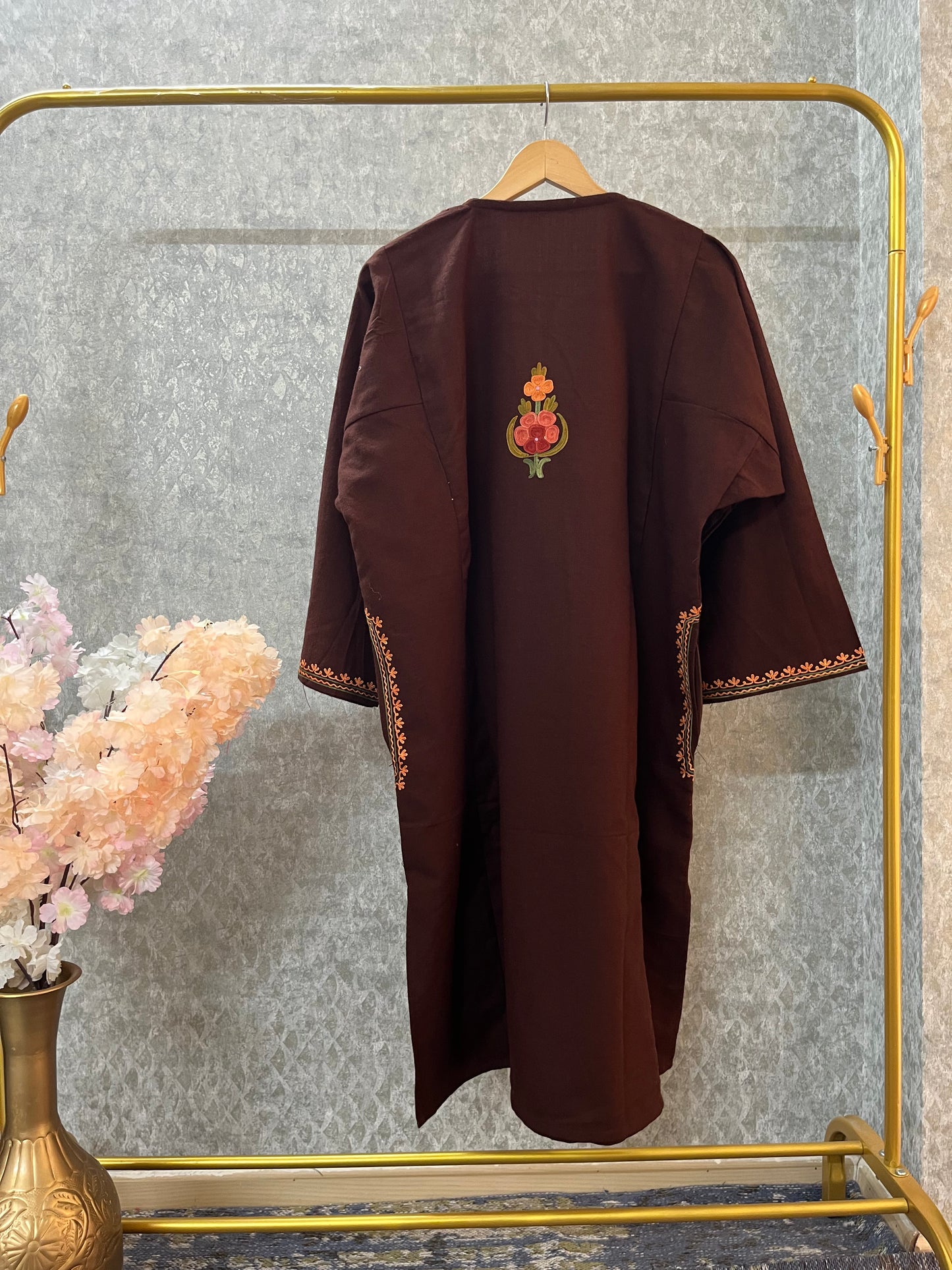 Brown Aari Embroidered Wool Pheran