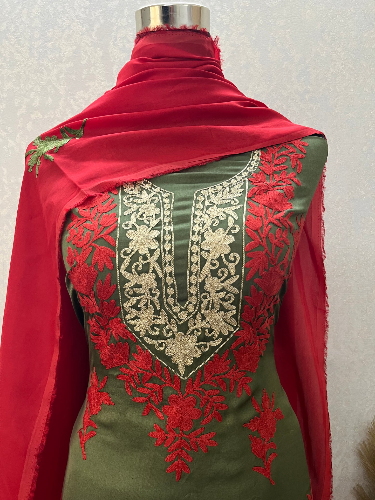 Heena green Satin Cotton Kashmiri Suit